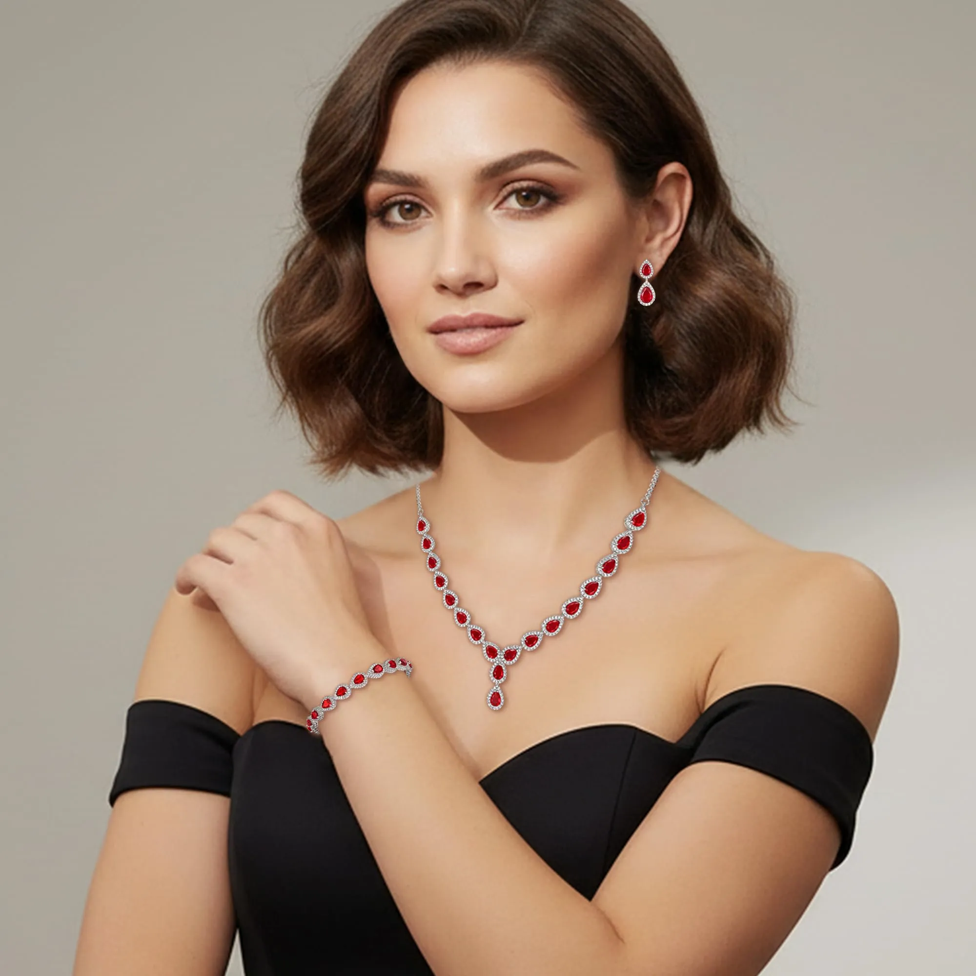 Clearine Gioielli Donna 3-Set Matrimonio Parure per Sposa - Elegante e Splendente Nuziale zircone Infinito Figure 8 Y-Collana Orecchini Braccialetto Pendenti Set Rosso Argento-Fondo - immagine 2