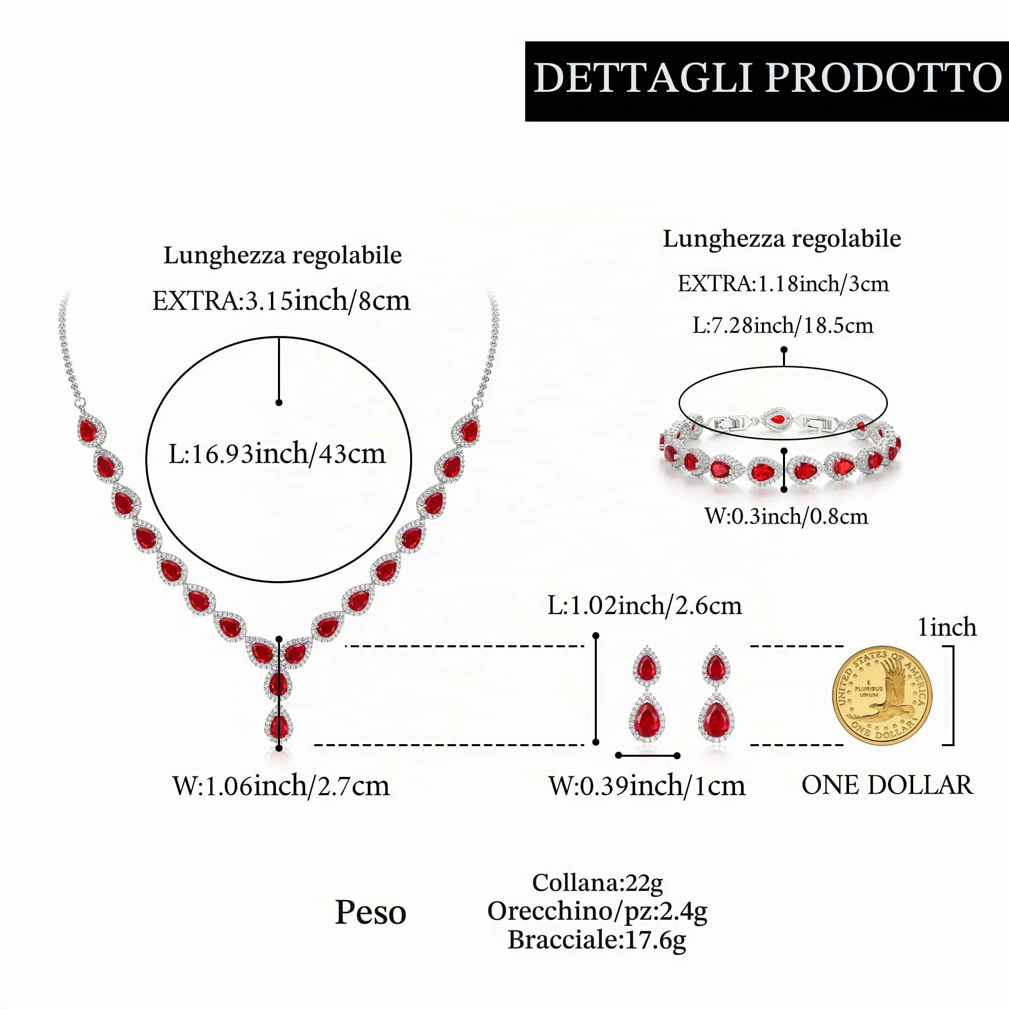 Clearine Gioielli Donna 3-Set Matrimonio Parure per Sposa - Elegante e Splendente Nuziale zircone Infinito Figure 8 Y-Collana Orecchini Braccialetto Pendenti Set Rosso Argento-Fondo - immagine 5
