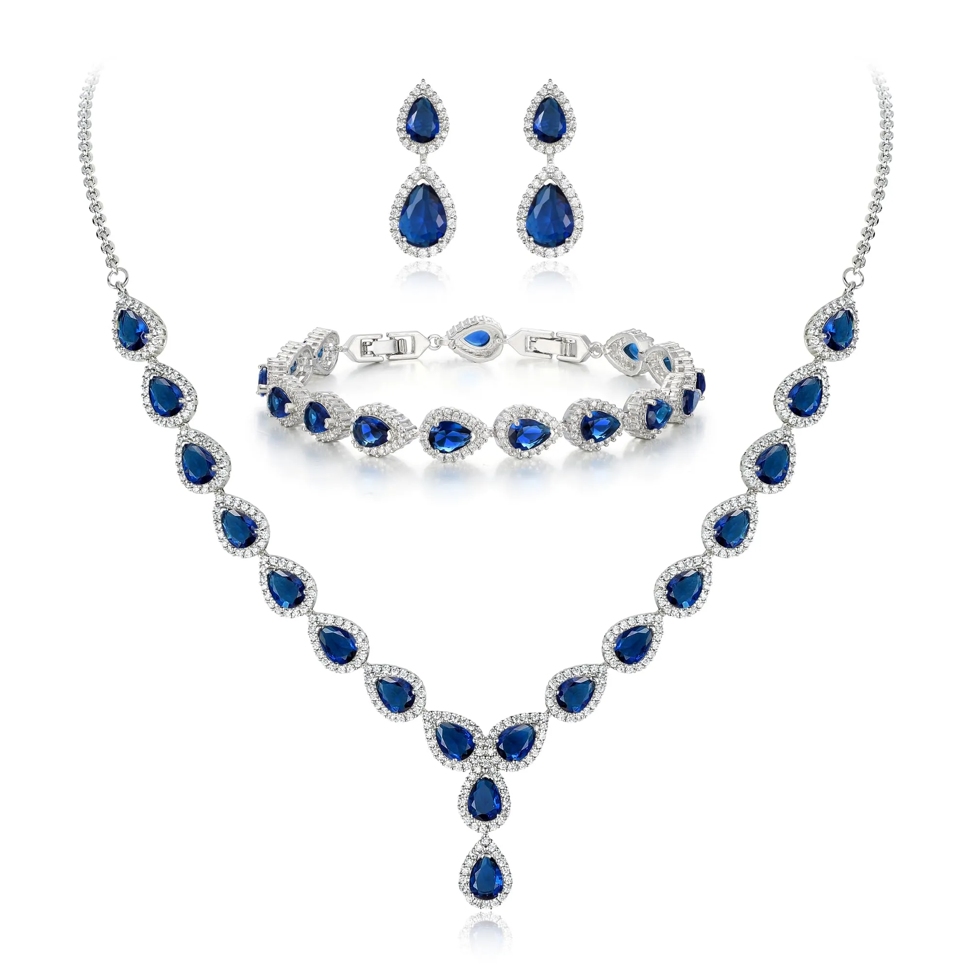Clearine Gioielli Donna 3-Set Matrimonio Parure per Sposa - Elegante e Splendente Nuziale zircone Infinito Figure 8 Y-Collana Orecchini Braccialetto Pendenti Set Blu Argento-Fondo - immagine 1