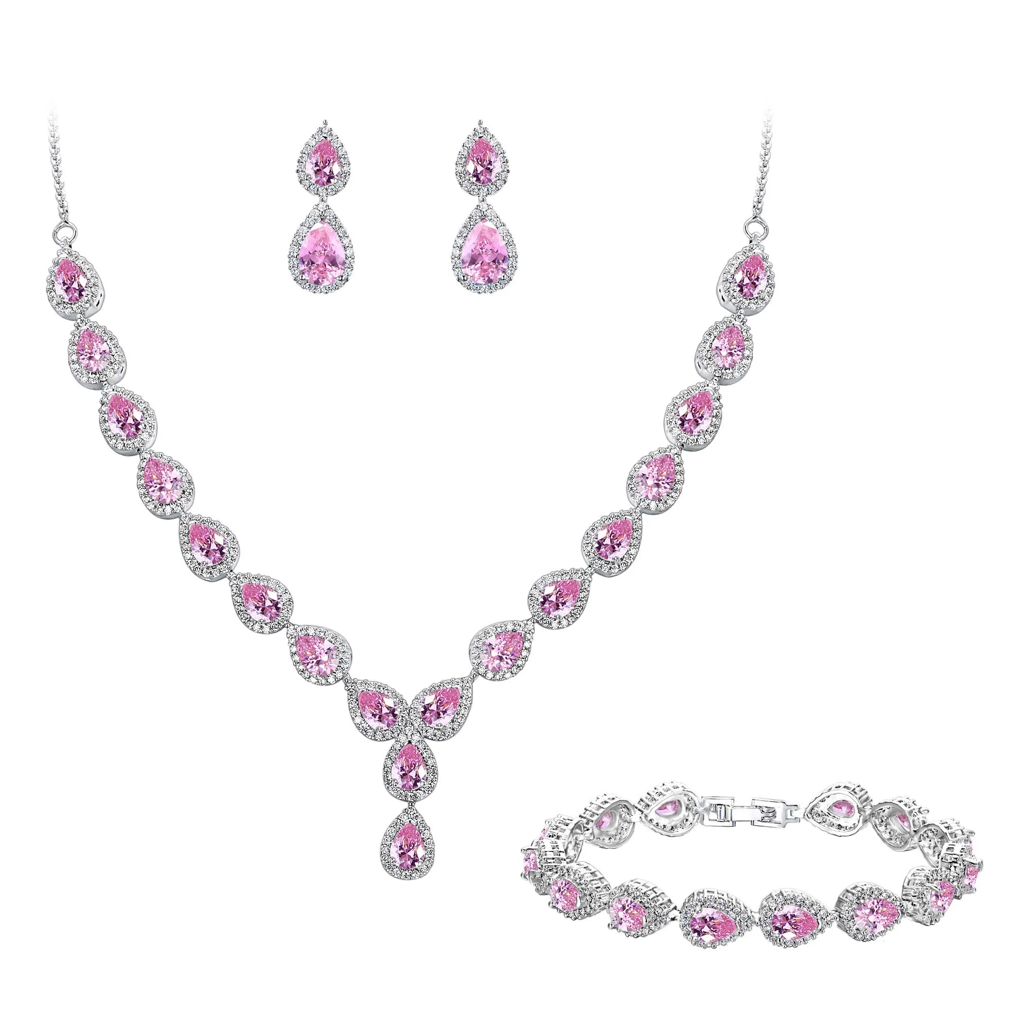 Clearine Gioielli Donna 3-Set Matrimonio Parure gioielli per Donna Sposa - Elegante e Splendente Nuziale zircone Infinito Figure 8 Y-Collana Orecchini Braccialetto Pendenti Set Rosa - immagine 1