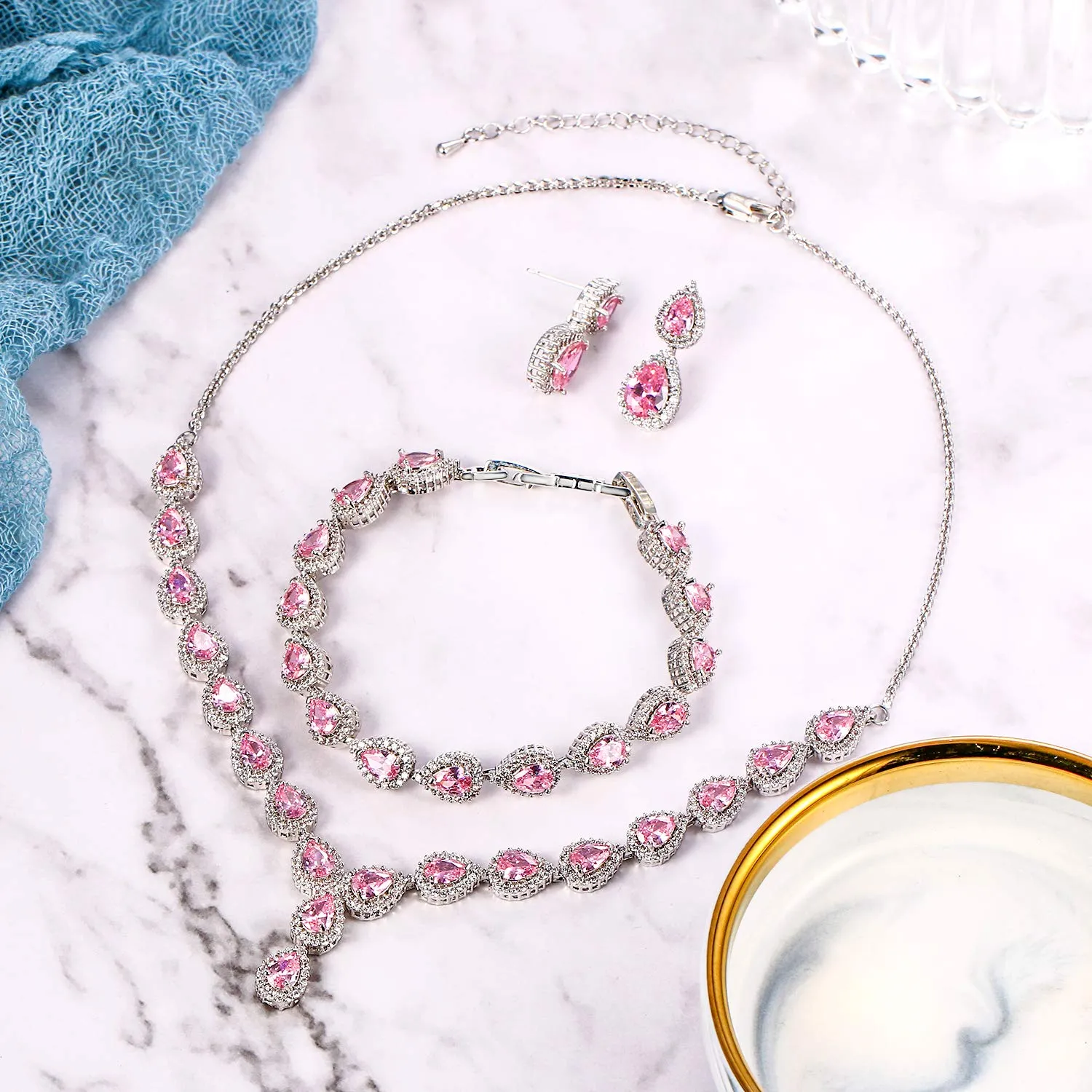 Clearine Gioielli Donna 3-Set Matrimonio Parure gioielli per Donna Sposa - Elegante e Splendente Nuziale zircone Infinito Figure 8 Y-Collana Orecchini Braccialetto Pendenti Set Rosa - immagine 5