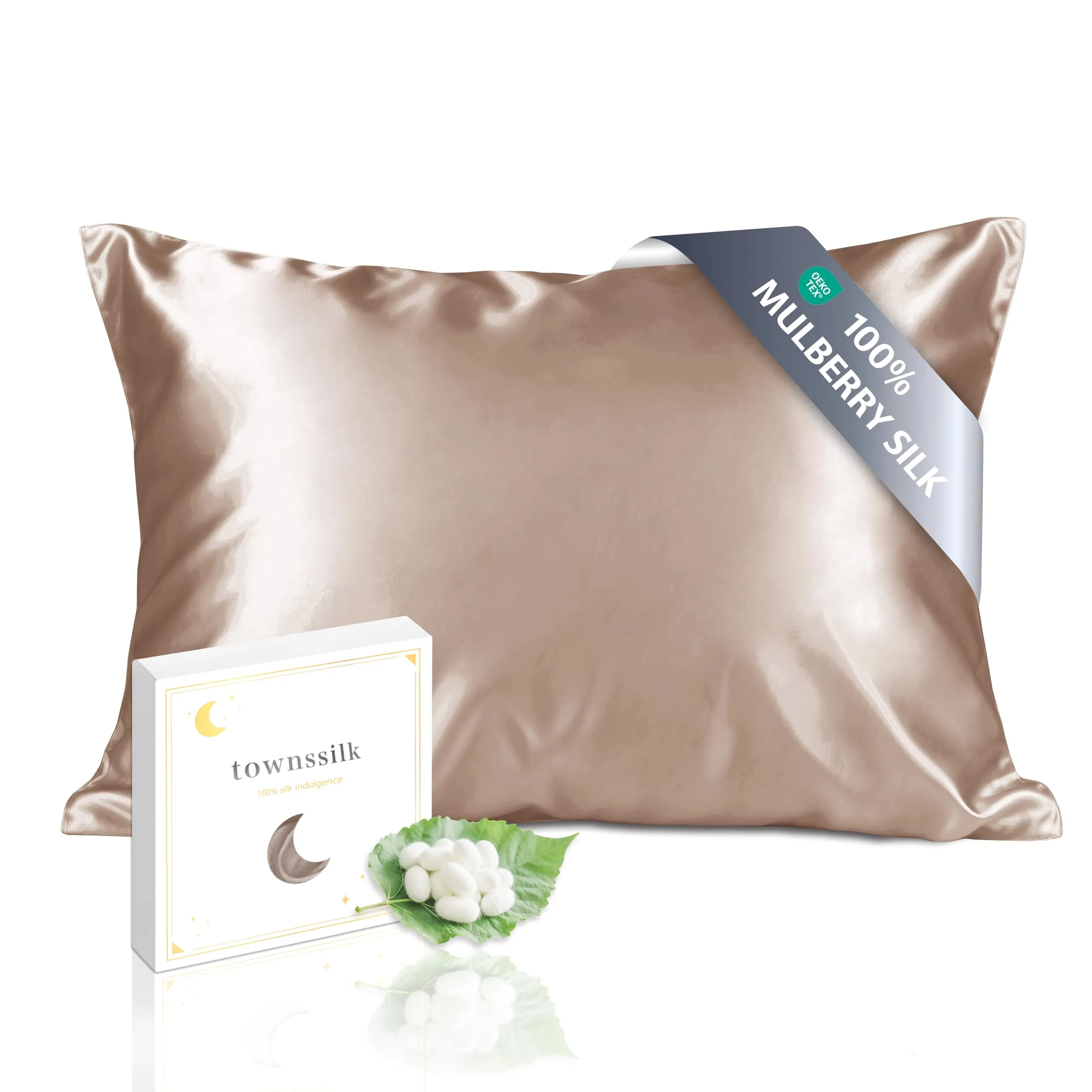 townssilk Federa seta cuscino,100% naturale seta di gelso 19momme,doppia faccia,benefica per capelli e pelle,ipoallergenica,cerniera nascosta,1 pz,50x75cm,Lightbronze - immagine 1
