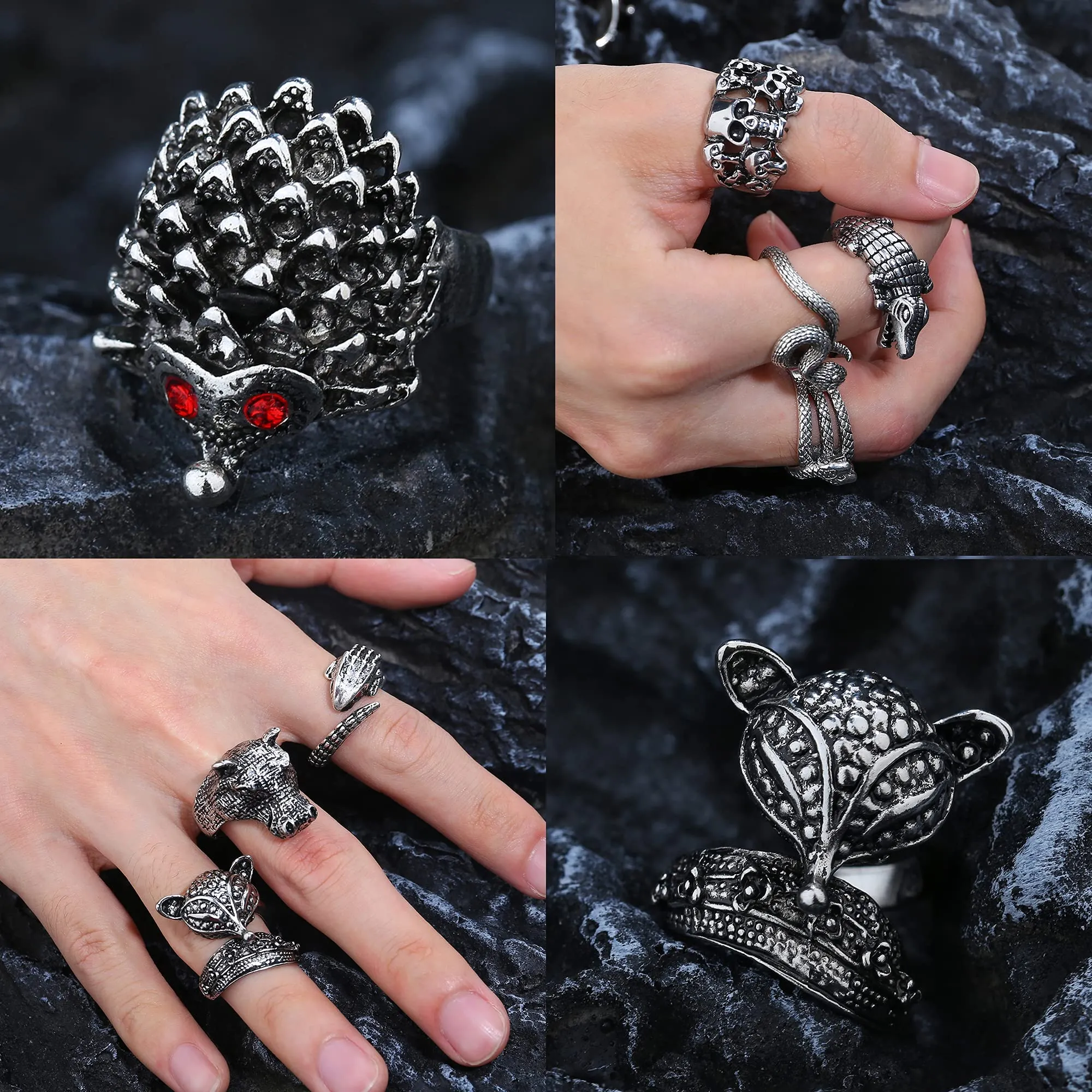 Kakonia 16Pcs Goth Punk Anelli Set per Le Donne Degli Uomini Rana Occhio di Ragno Animale Anello Regolabile Freddo Gotico Dichiarazione Impilabile Anelli Y2K Accessori-B - immagine 3