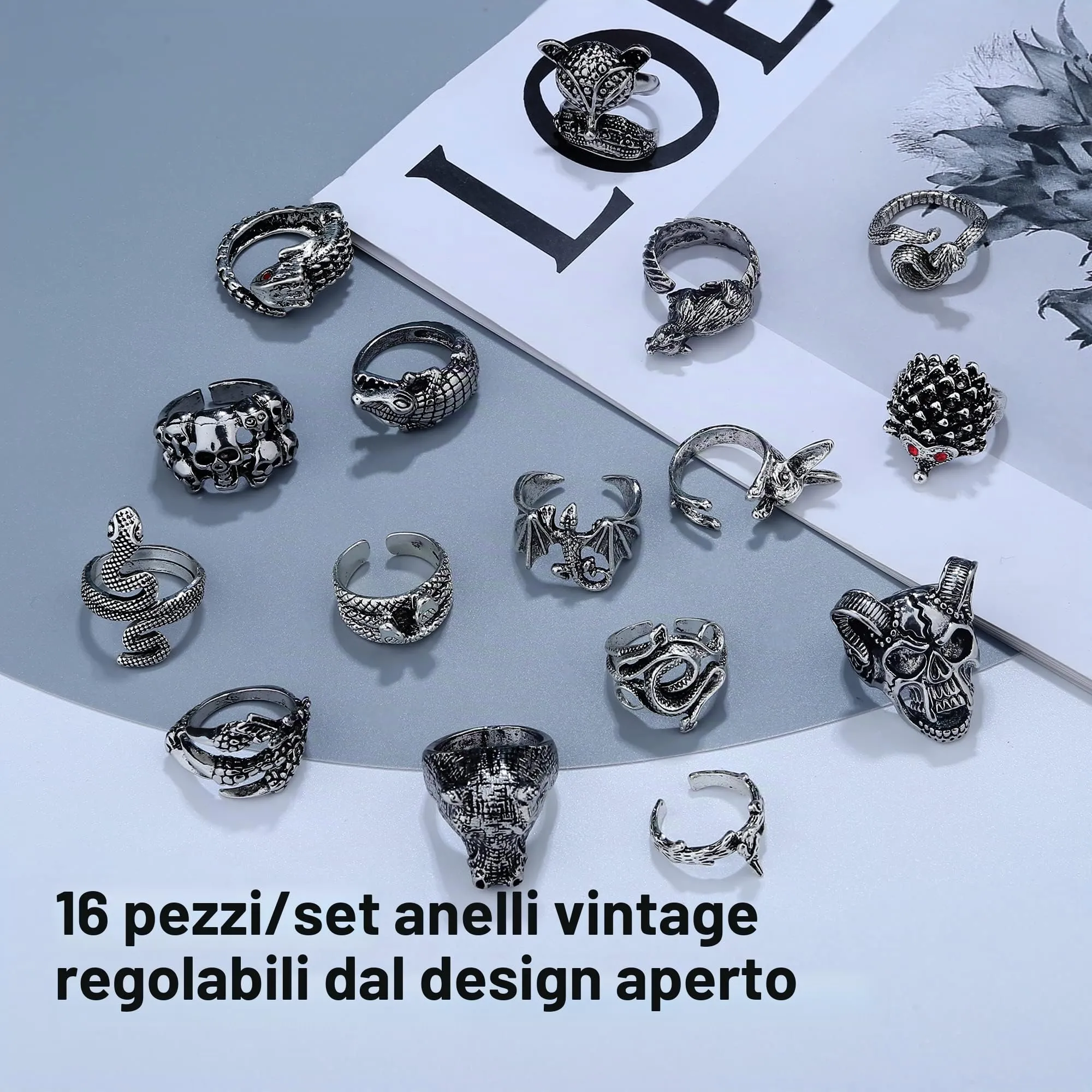Kakonia 16Pcs Goth Punk Anelli Set per Le Donne Degli Uomini Rana Occhio di Ragno Animale Anello Regolabile Freddo Gotico Dichiarazione Impilabile Anelli Y2K Accessori-B - immagine 4