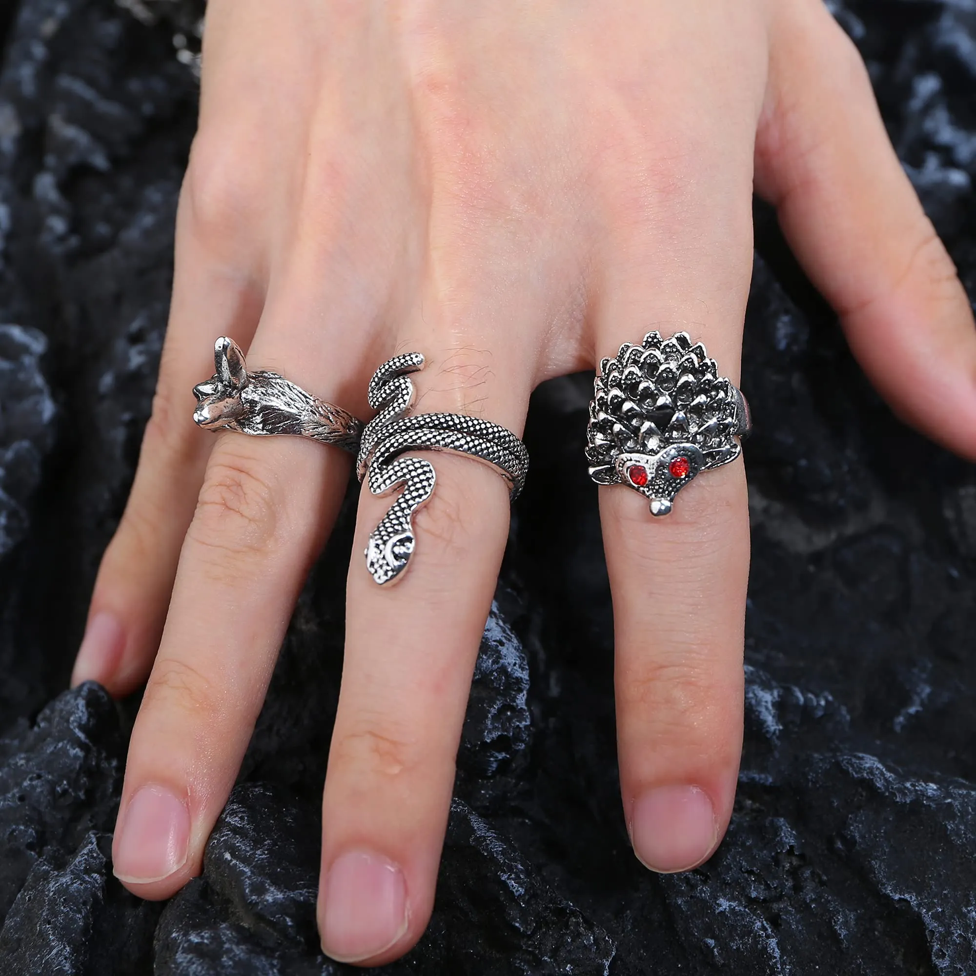Kakonia 16Pcs Goth Punk Anelli Set per Le Donne Degli Uomini Rana Occhio di Ragno Animale Anello Regolabile Freddo Gotico Dichiarazione Impilabile Anelli Y2K Accessori-B - immagine 6