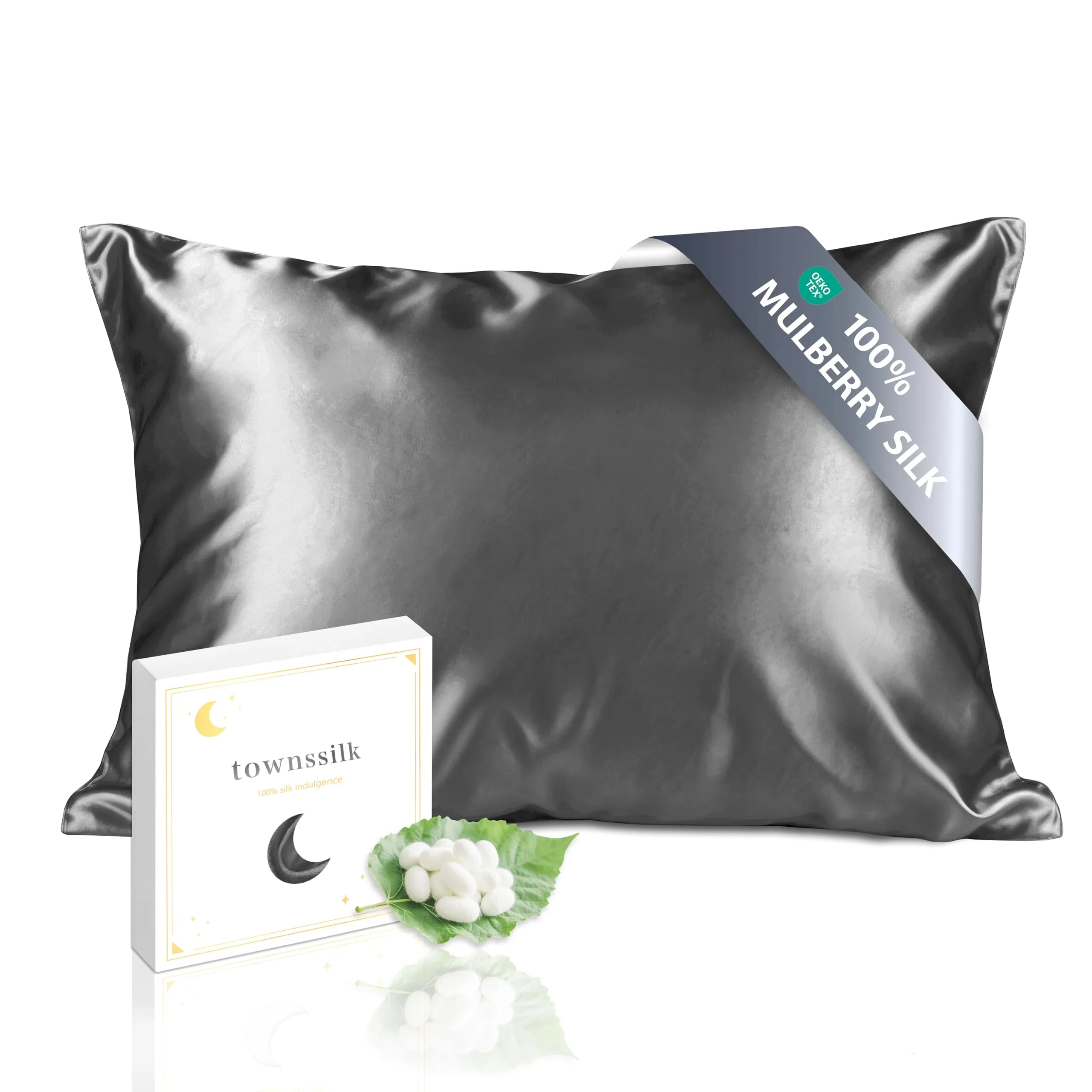 townssilk Federa seta cuscino,100% naturale seta di gelso 19momme,doppia faccia,benefica per capelli e pelle,ipoallergenica,cerniera nascosta,1 pz,50x80cm,Darkgrey - immagine 1