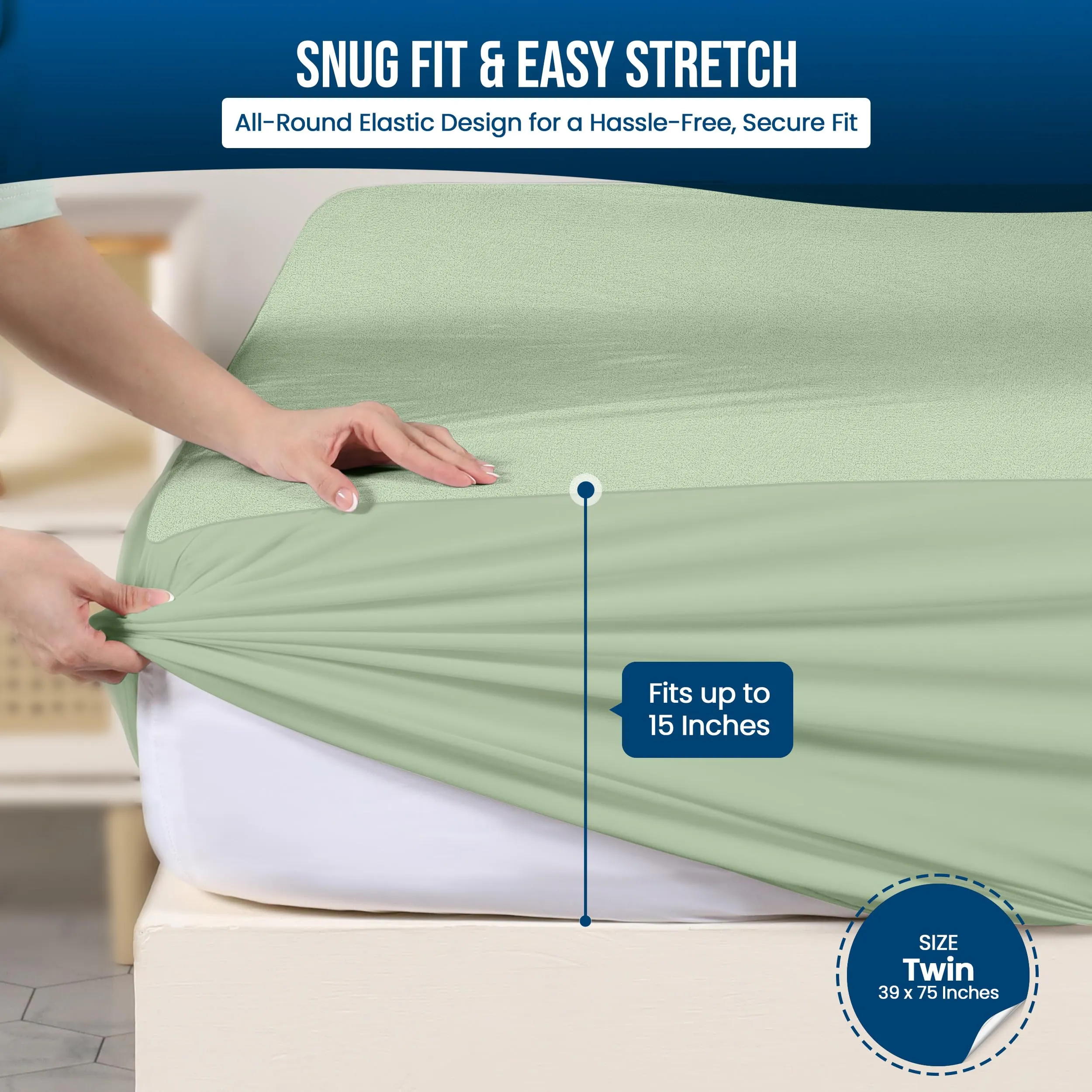 Utopia Bedding Coprimaterasso impermeabile per letto singolo, in spugna di alta qualità, 200 g/m², traspirante, stile aderente, con tasche elastiche (salvia) - immagine 3