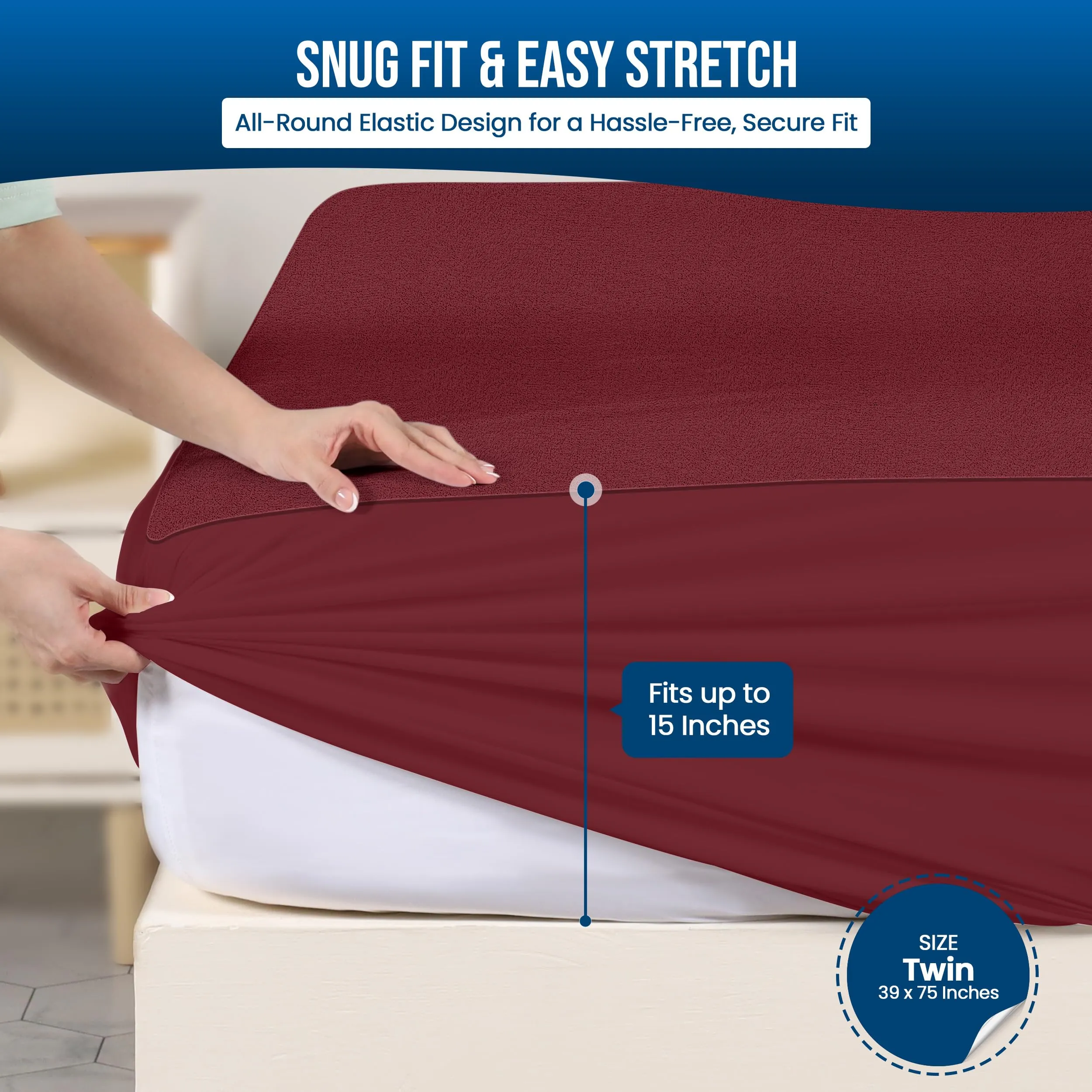 Utopia Bedding Coprimaterasso impermeabile per letto singolo, in spugna di alta qualità, 200 g/m², traspirante, stile aderente, con tasche elastiche (bordeaux) - immagine 3