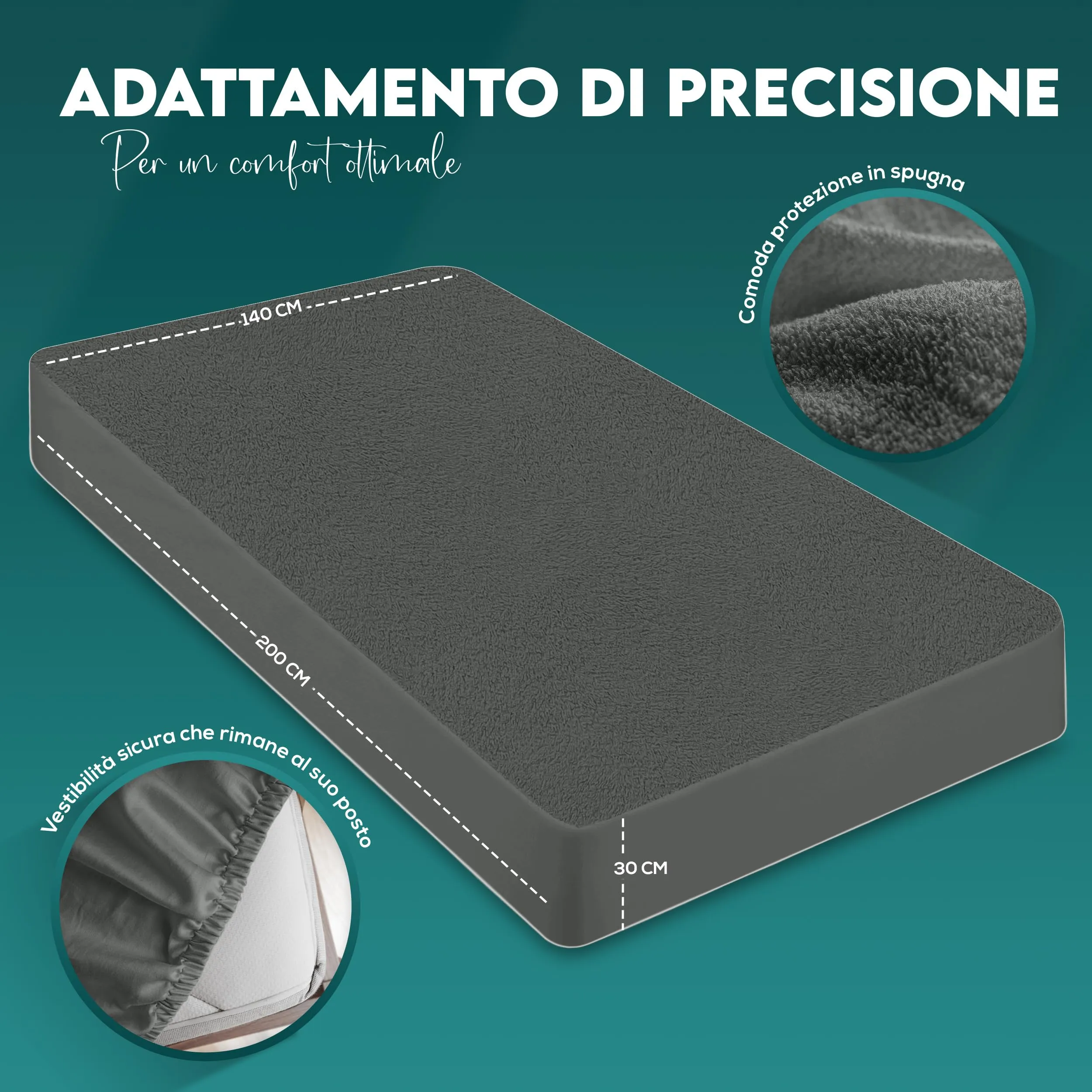 Utopia Bedding Coprimaterasso Una Piazza e Mezza Impermeabile 140 x 200 x 30 cm, Certificato OEKO-TEX, Proteggi Materasso, Traspirante, Lavabile, Stile Montato Tutto Intorno Elastico Grigio - immagine 2