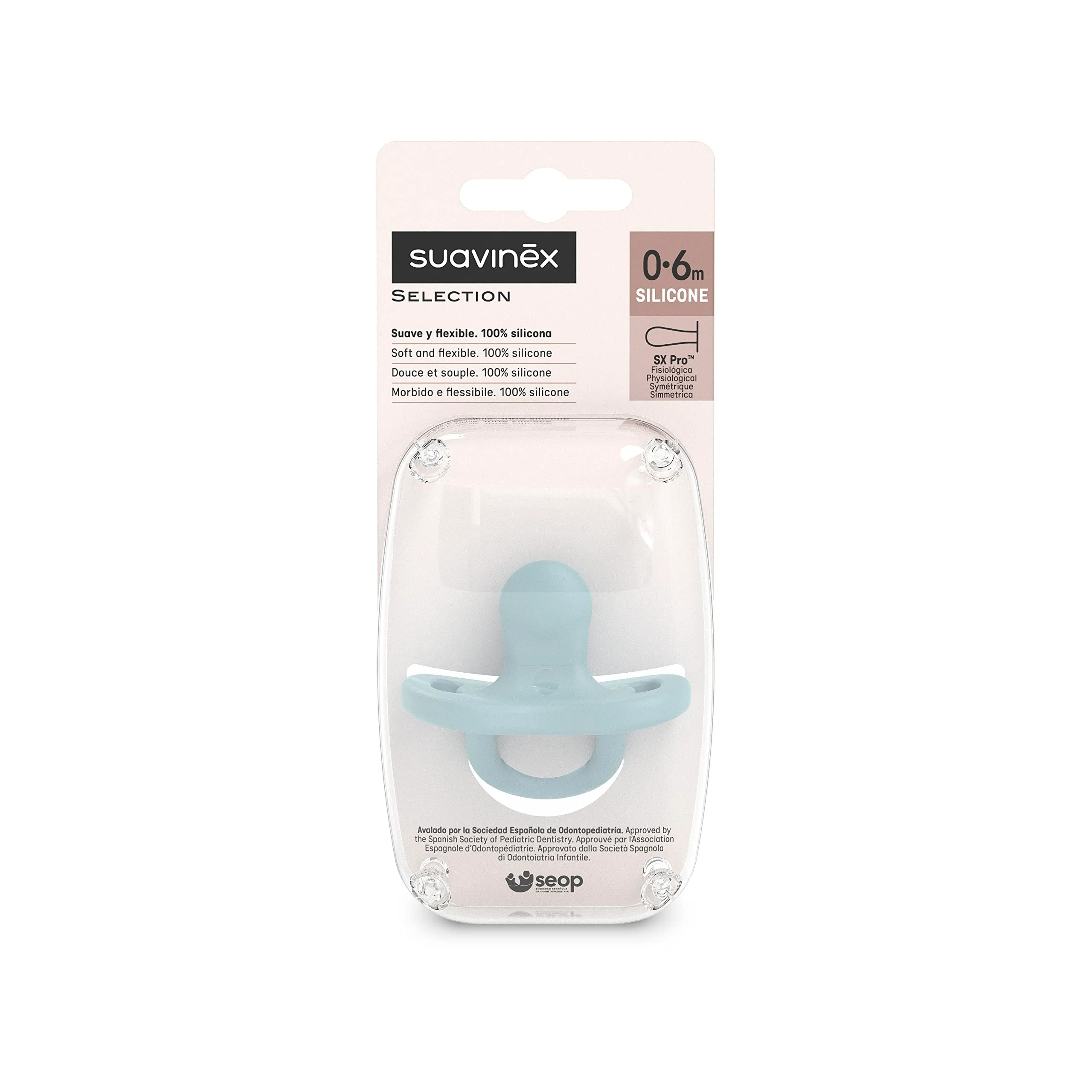 Suavinex, Ciuccio Tutto in Silicone, per Bambini 0/6 Mesi, Ciuccio con Tettarella Simmetrica Sx Pro, Super Morbido e Flessibile, Ideale per Dormire, Color Essence, Acqua - immagine 2