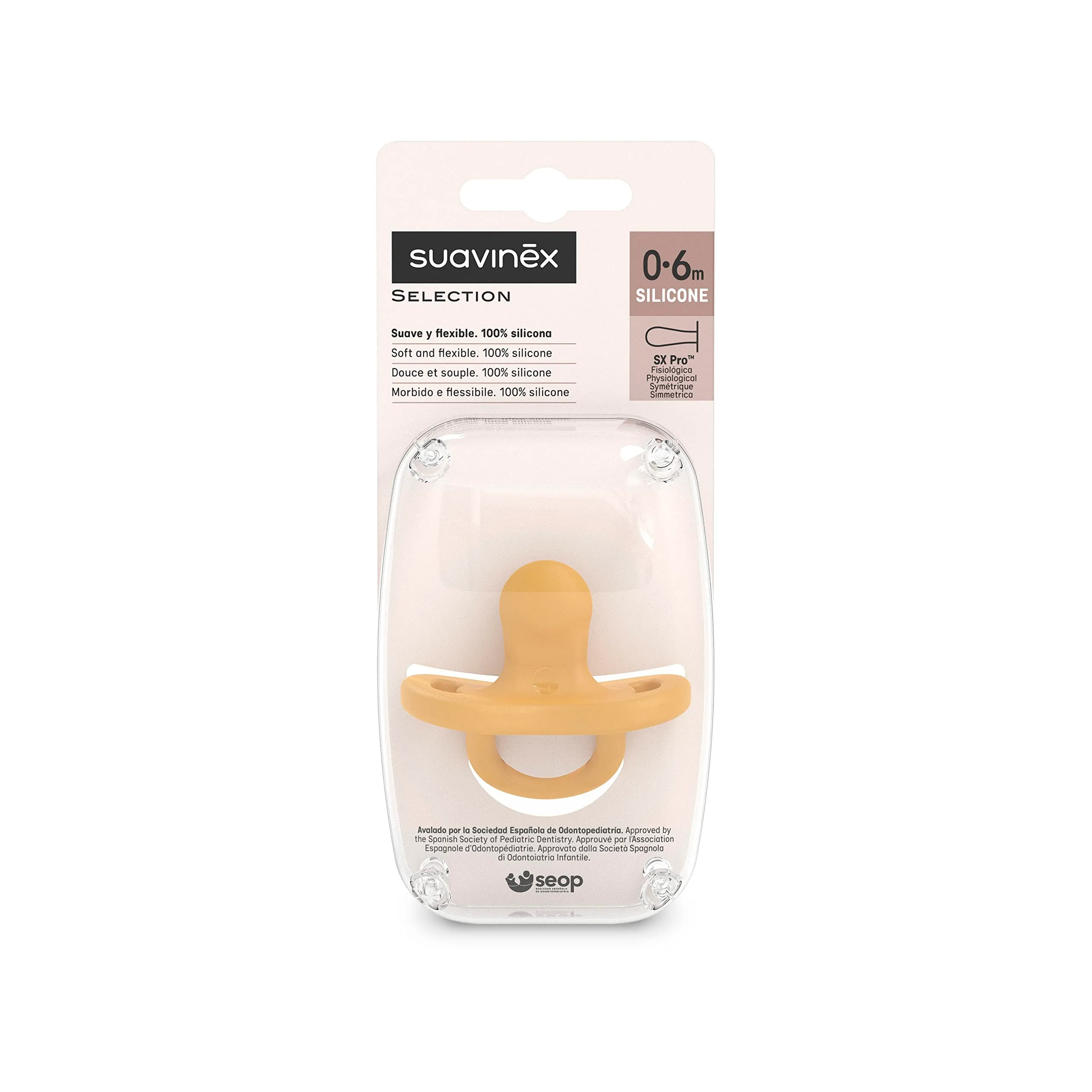 Suavinex, Ciuccio Tutto in Silicone, per Bambini 0/6 Mesi, Ciuccio con Tettarella Simmetrica Sx Pro, Super Morbido e Flessibile, Ideale per Dormire, Color Essence, Mango - immagine 2