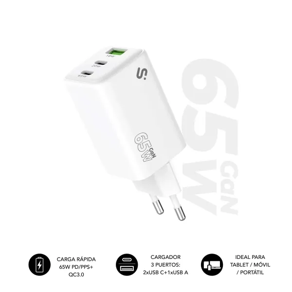 Caricabatterie da parete Subblim GaN 65W - 3 porte (2xUSB-C + 1xUSB-A) - Ricarica ultraveloce - Bianco - immagine 1