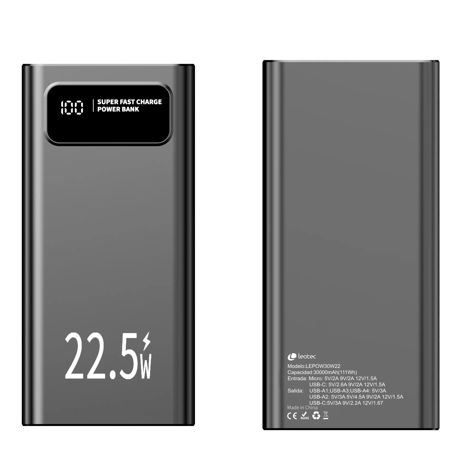 Leotec LEPOW30W22K batteria portatile Polimeri di litio (LiPo) 30000 mAh Nero - immagine 1