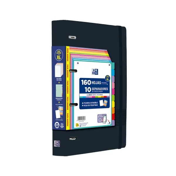 Oxford Europeanbinder Live & Go XL Pack con cartella A4+ ricarica da 160 fogli (griglia 5x5) 10 divisori in plastica foglio di adesivi rimovibili e lavagna bianca scrivibile e cancellabile - Copertina in plastica di poliuretano espanso - Chiusura elastica - Nero - immagine 1