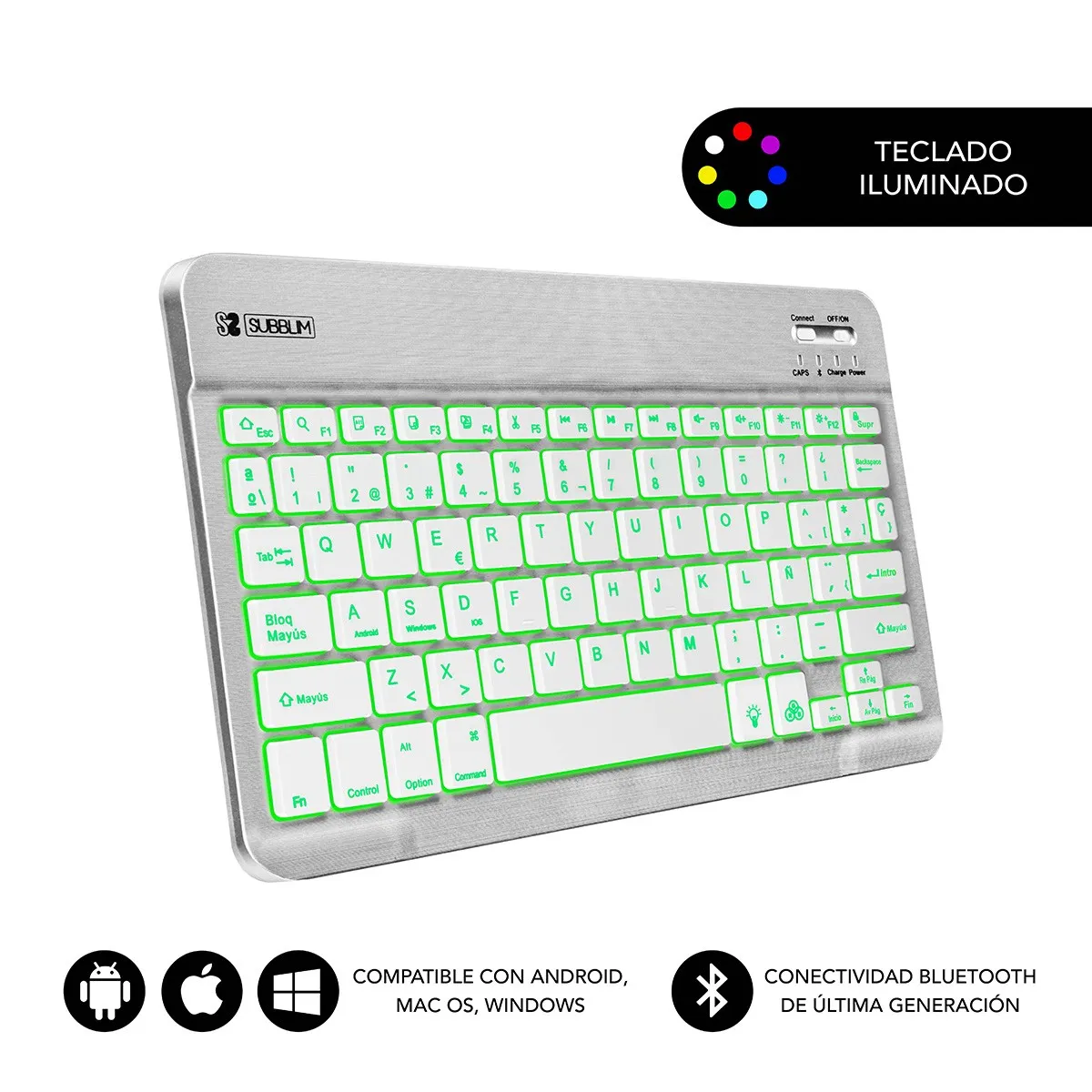 Tastiera Subblim Smart retroilluminata BT - Connettività Bluetooth 30 - Illuminazione regolabile in 7 colori - Design sottile 6 mm - Tecnologia a membrana ad alta precisione - Batteria a lunga durata - Colore grigio - immagine 1