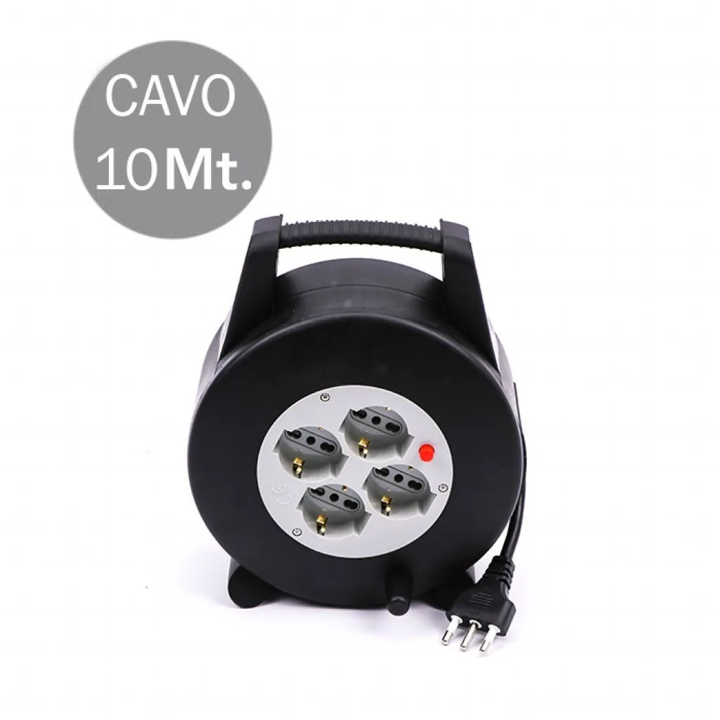 V-TAC Prolunga Avvolgicavo 4 Prese Bipasso Schuko + 16A 2P+T Protezione Termica Colore Nero e Spina 16A 2P+T 10mt - immagine 1