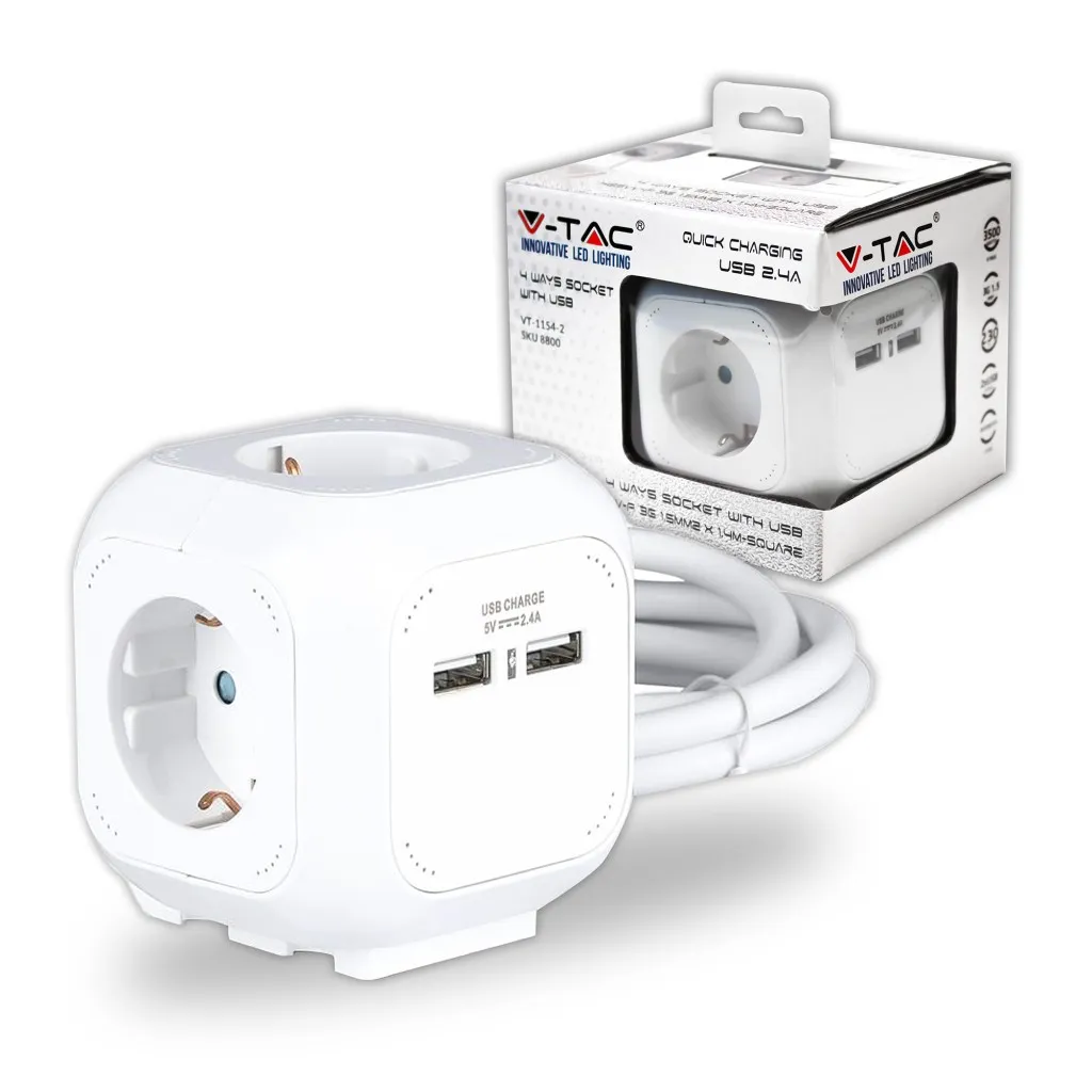 V-TAC Multipresa Cubica con Cavo 14 m 4 Prese Schuko e 2 USB e Spina Schuko Colore Bianco - immagine 1