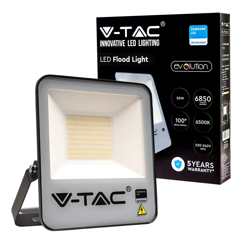 V-TAC PRO Faro LED SMD Chip Samsung 50W 137LM/W Colore Nero 6500K IP65 - immagine 1