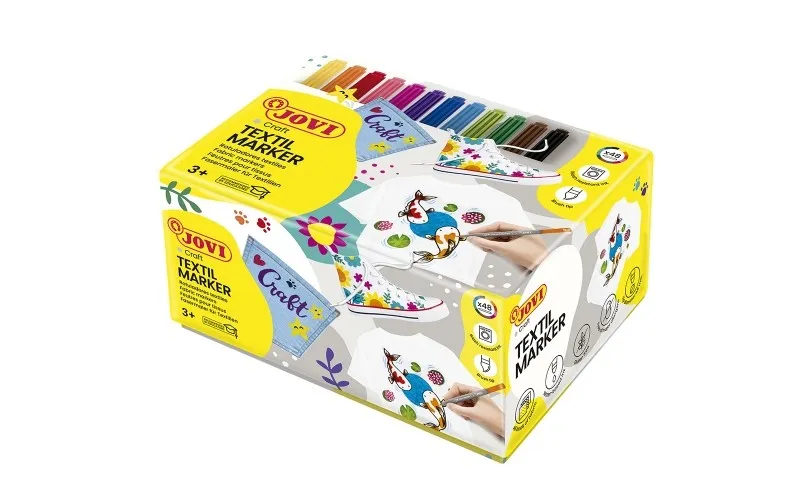 Confezione da 48 pennarelli tessili Jovi - Inchiostro a base d'acqua - Punta a pennello - Resistenti al lavaggio - Asciugatura rapida - Colori assortiti - immagine 1