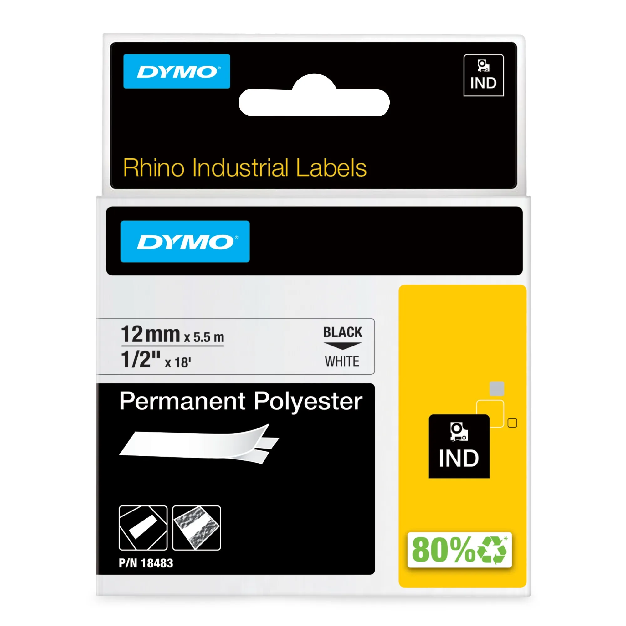 ORIGINALE DYMO Nastro Nero su bianco 18483 DYMO Rhino Etichette in poliestere permanenti industriali | 12 mm x 55 m | Stampa nera su bianco | Autoadesive | per stampanti di etichette Rhino e LabelManager - immagine 1