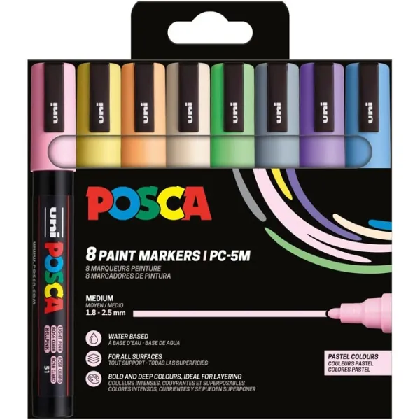 Pennarelli a vernice Posca PC-5M/8C confezione da 8 punta tonda da 18-25 mm inchiostro a base d'acqua resistenti alla luce non permanenti colori pastello assortiti - immagine 1