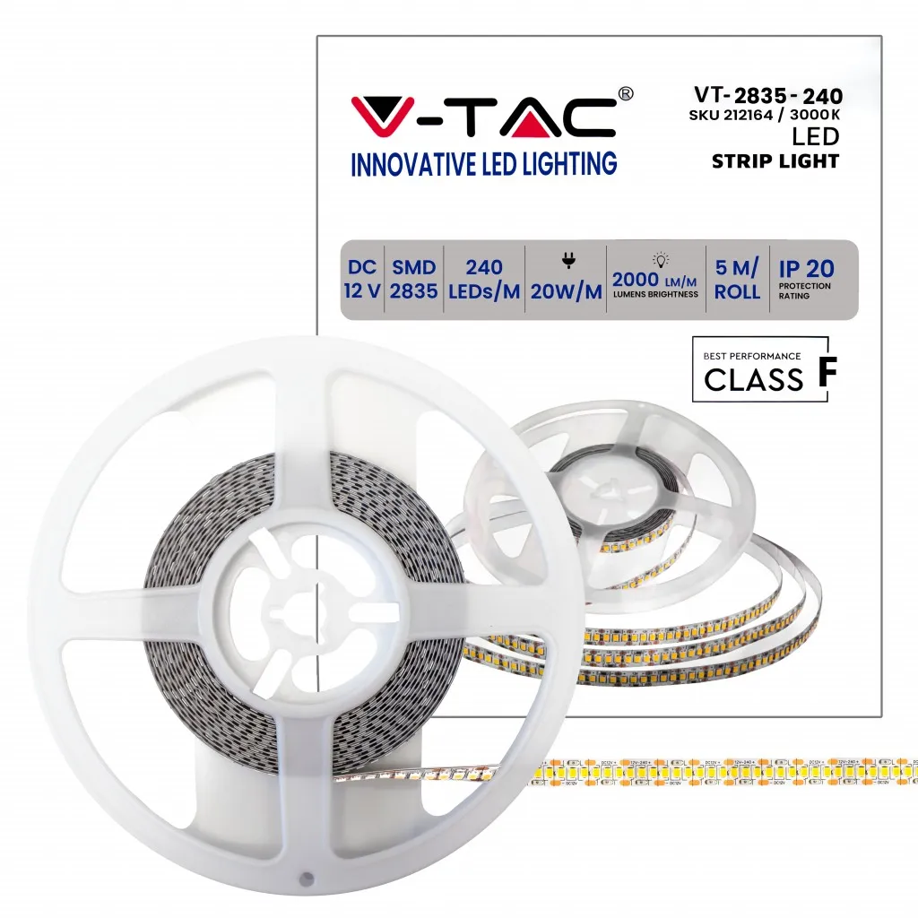 V-TAC Strip LED SMD2835 20W/m 5m 240 LED/m 2000Lm m 12V 3000K IP20 10mm - immagine 1