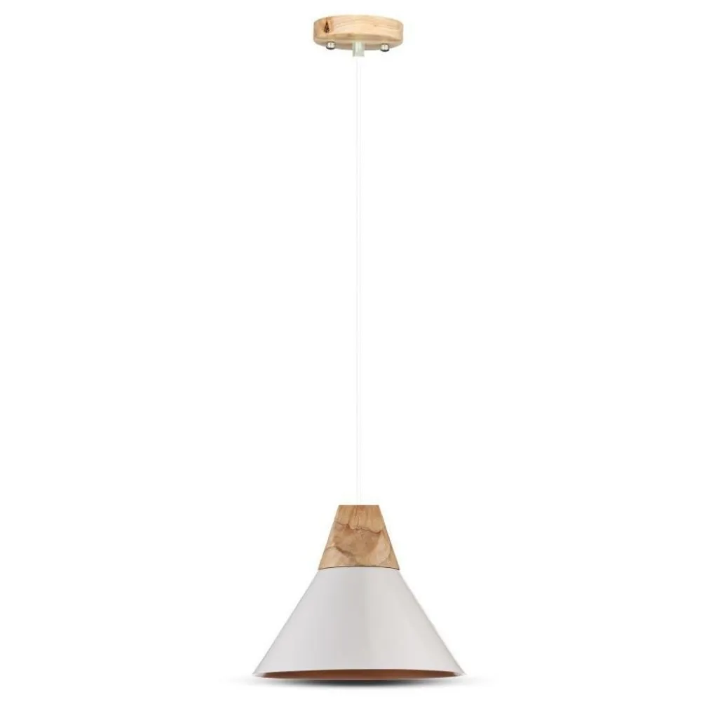 V-TAC Lampadario LED a Campana in Alluminio e Legno con Portalampada E27 (Max 60W) Colore Bianco - immagine 1
