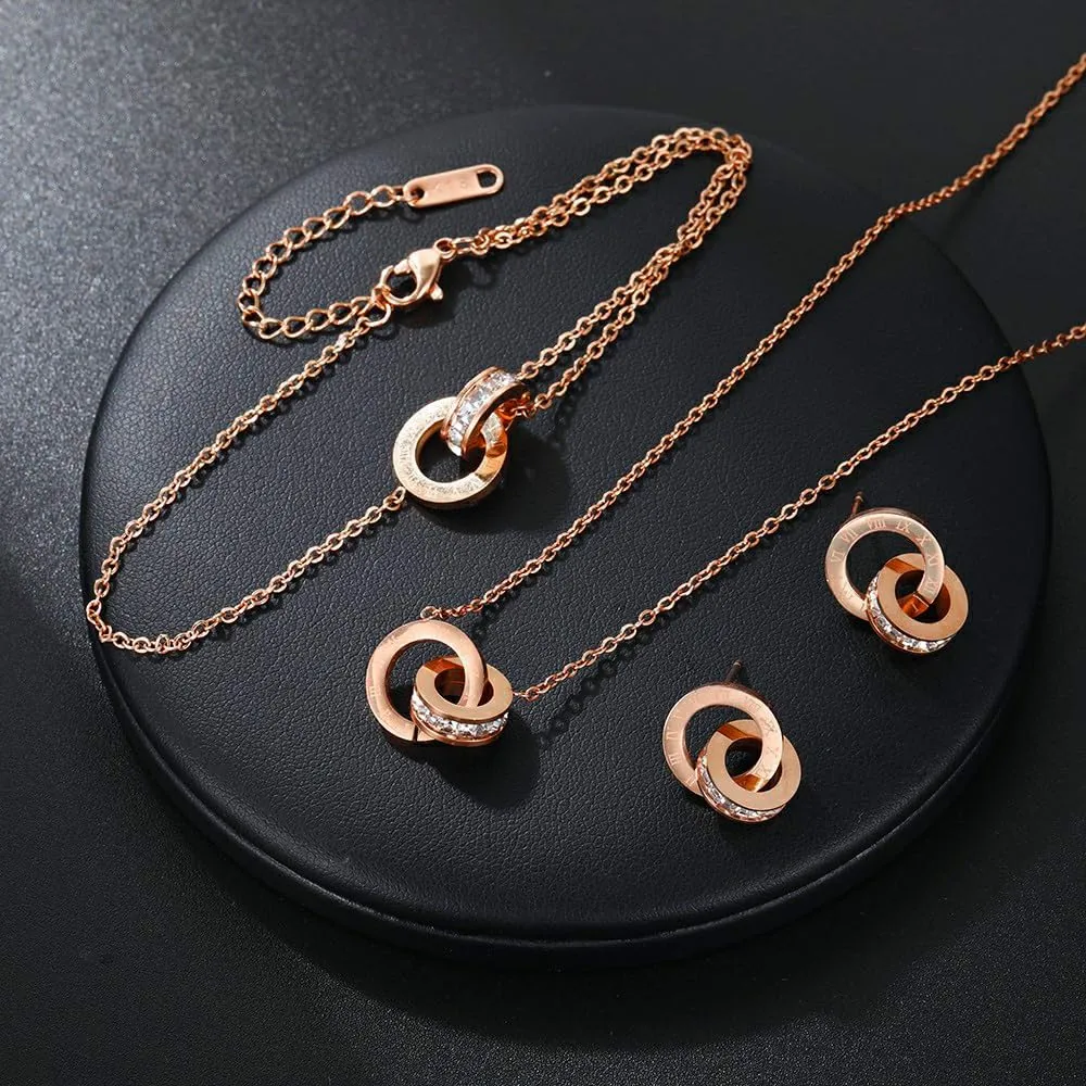 RPAEOY Parure Gioielli per Donna Ragazze Numeri Romani con Zircone Acciaio Inossidabile Placcato Oro Argento Pendente Collana Orecchini Bracciali Anelli Set Gioielli Set Sposa Regalo (Oro rosa) - immagine 2
