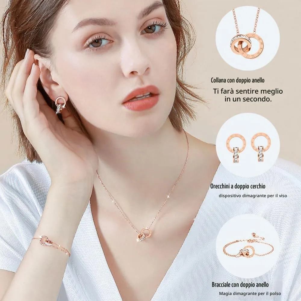 RPAEOY Parure Gioielli per Donna Ragazze Numeri Romani con Zircone Acciaio Inossidabile Placcato Oro Argento Pendente Collana Orecchini Bracciali Anelli Set Gioielli Set Sposa Regalo (Oro rosa) - immagine 4