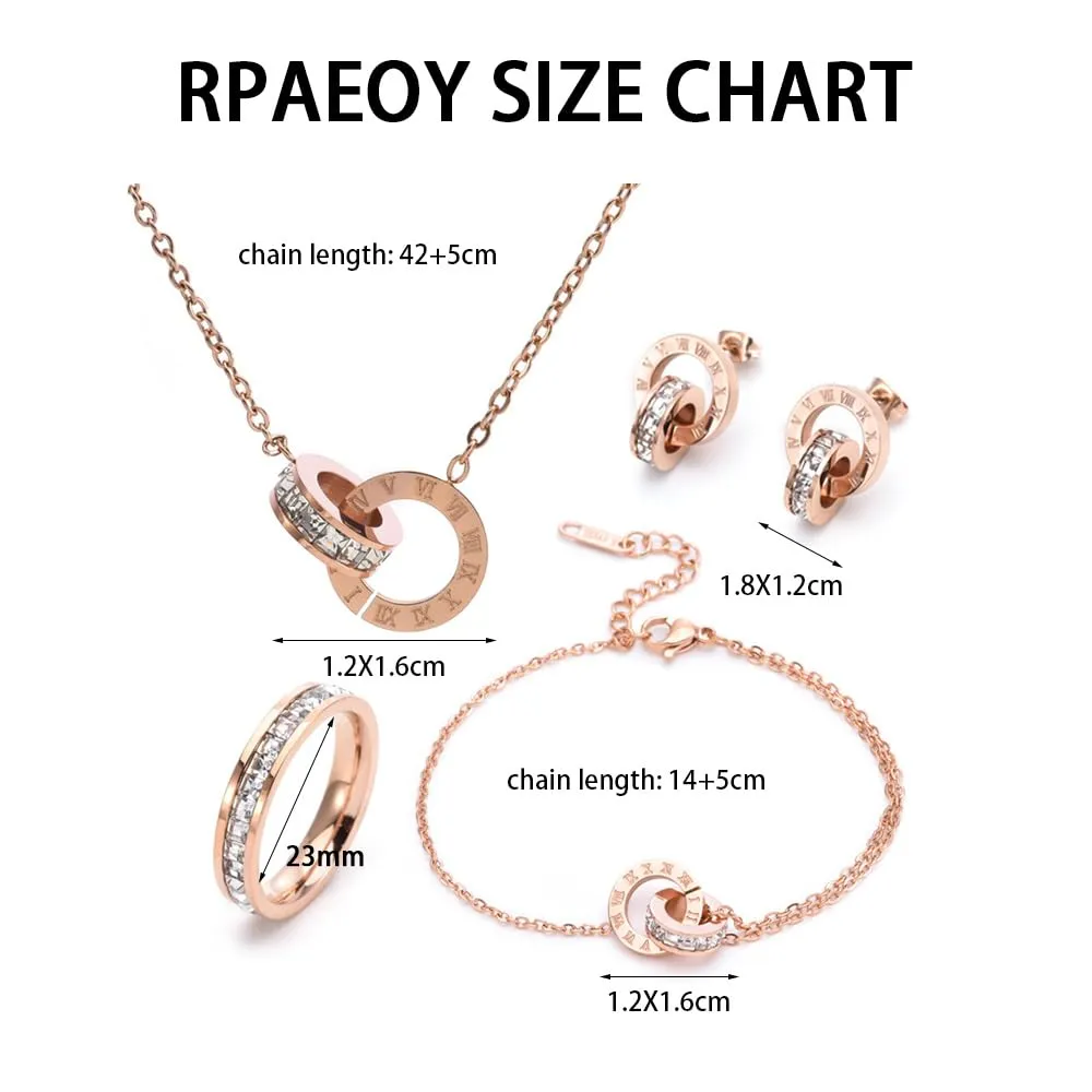 RPAEOY Parure Gioielli per Donna Ragazze Numeri Romani con Zircone Acciaio Inossidabile Placcato Oro Argento Pendente Collana Orecchini Bracciali Anelli Set Gioielli Set Sposa Regalo (Oro rosa) - immagine 7