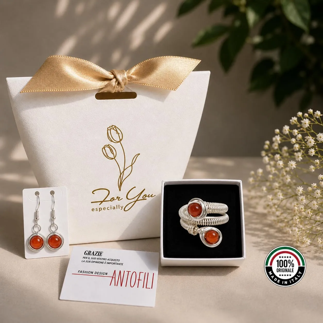 Generico Anello Donna Agata Naturale Regolabile – Anelli in Pietra Portafortuna Protezione Energia Positiva – Idea Regalo Donna con Orecchini – Fatto a Mano in Italia - immagine 6
