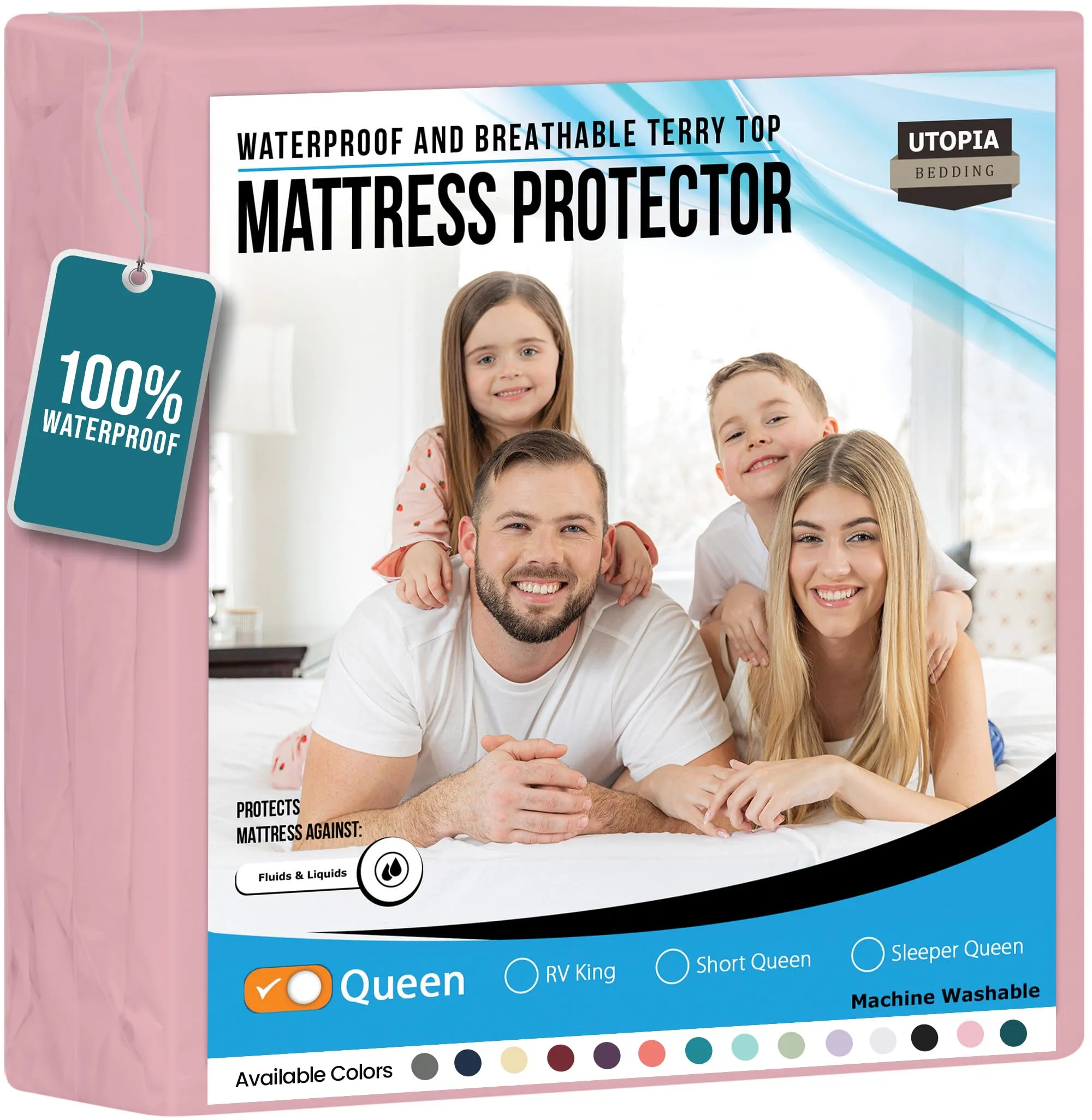 Utopia Bedding Coprimaterasso impermeabile queen size, in spugna di alta qualità, 200 g/m², traspirante, stile aderente con tasche elastiche (rosa) - immagine 1