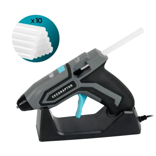 Pistola per colla a caldo Cecotec CecoRaptor Perfect Fix 360 X-Treme - Autonomia 30 minuti - Base di ricarica - Batteria da 15 Ah 37 V - Include 10 stick di colla - Spegnimento automatico - Colore nero e grigio - immagine 1