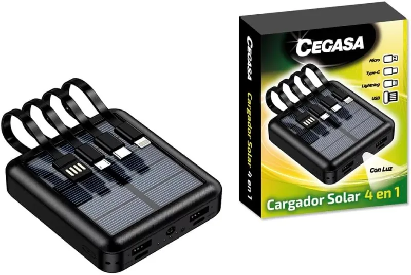 Cegasa Power Bank solare 4 in 1 da 5000 mAh - Uscite USB-C illuminazione USB-A micro USB - Con torcia - Nero - immagine 1