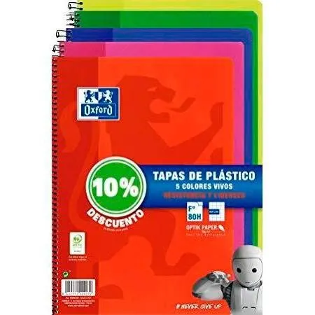 Oxford Classic Confezione da 5 Quaderni a Spirale 4x4mm Formato Folio a Quadretti - 80 Fogli - Copertina in Plastica - Colori Vivaci Assortiti - immagine 1