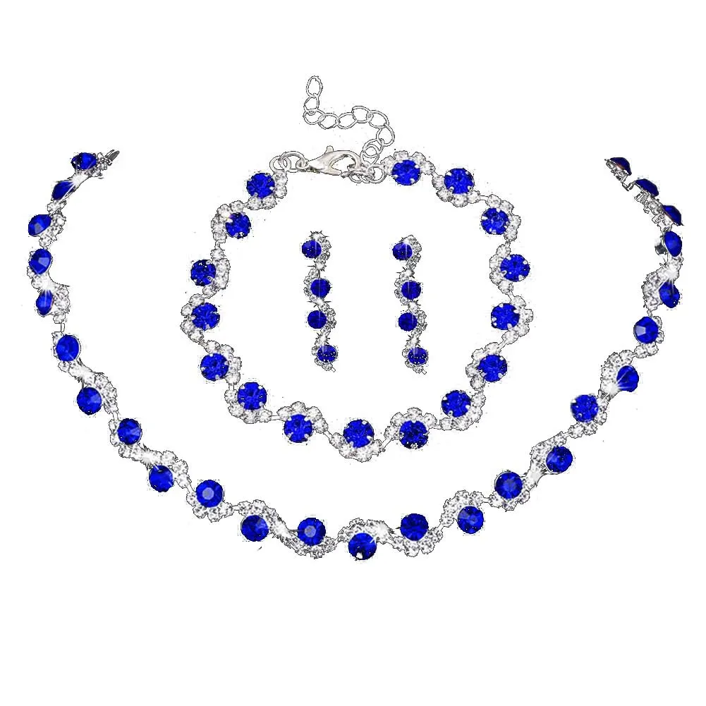 Clataly sposa matrimonio cristallo collana orecchini braccialetto collezione argento sposa collana gioielli accessori per le donne (Blu) - immagine 1