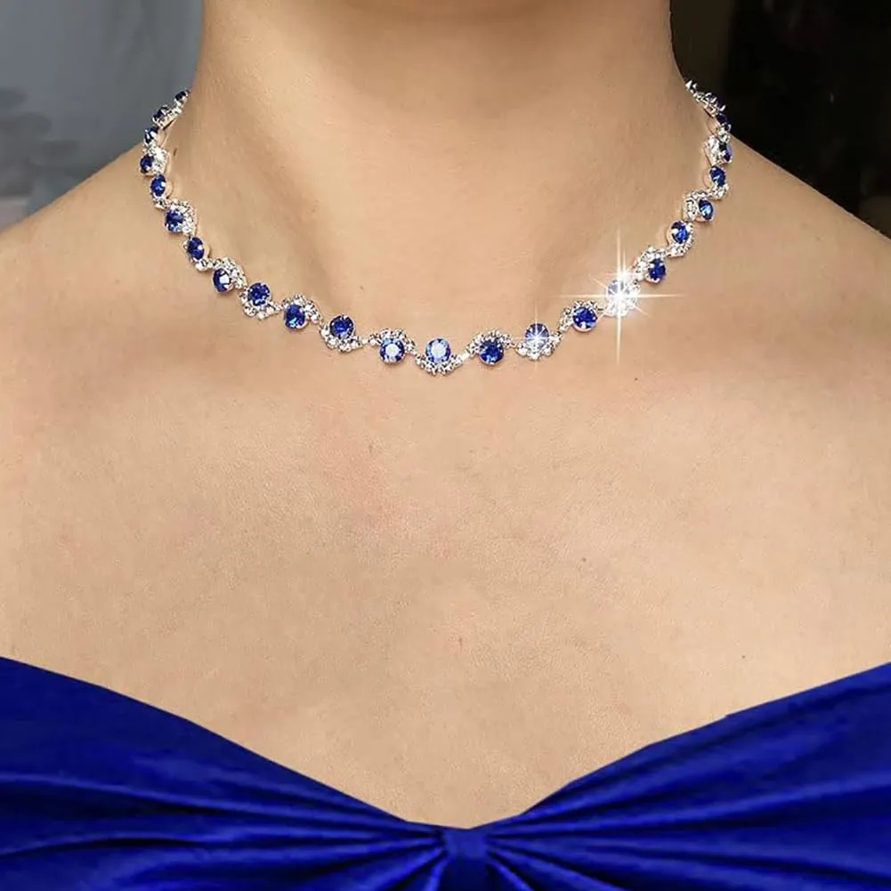 Clataly sposa matrimonio cristallo collana orecchini braccialetto collezione argento sposa collana gioielli accessori per le donne (Blu) - immagine 2