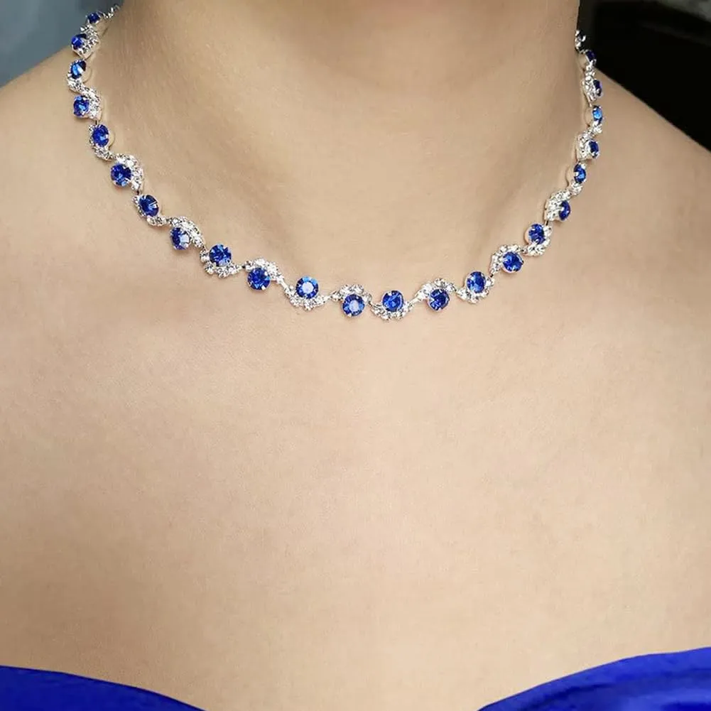 Clataly sposa matrimonio cristallo collana orecchini braccialetto collezione argento sposa collana gioielli accessori per le donne (Blu) - immagine 3