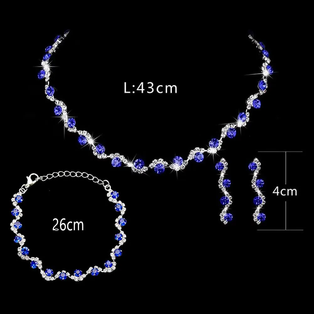 Clataly sposa matrimonio cristallo collana orecchini braccialetto collezione argento sposa collana gioielli accessori per le donne (Blu) - immagine 4