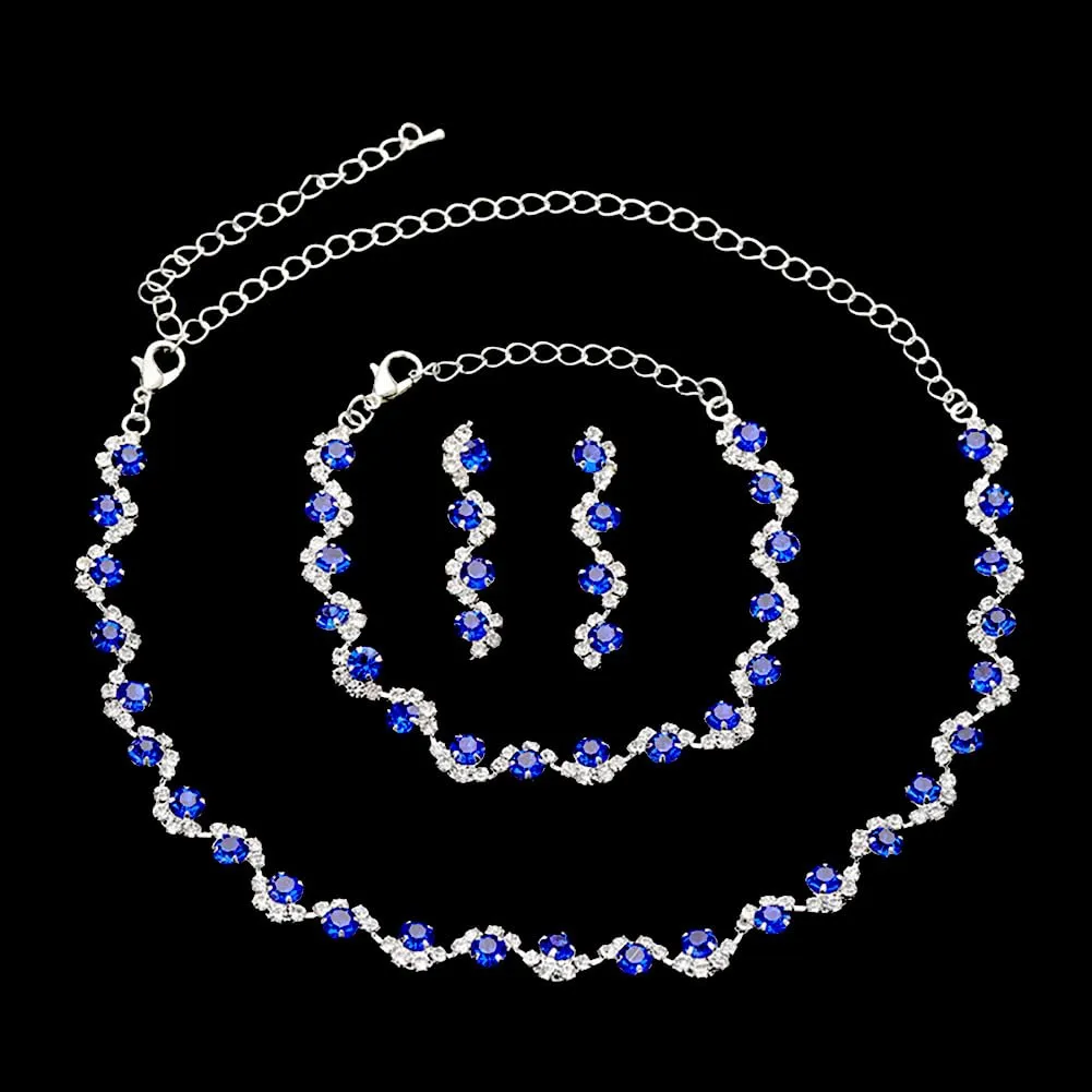 Clataly sposa matrimonio cristallo collana orecchini braccialetto collezione argento sposa collana gioielli accessori per le donne (Blu) - immagine 5