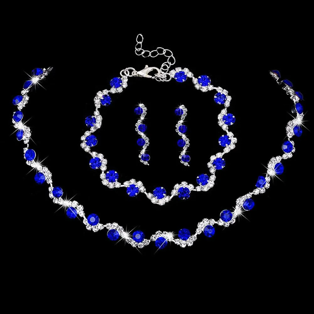 Clataly sposa matrimonio cristallo collana orecchini braccialetto collezione argento sposa collana gioielli accessori per le donne (Blu) - immagine 6