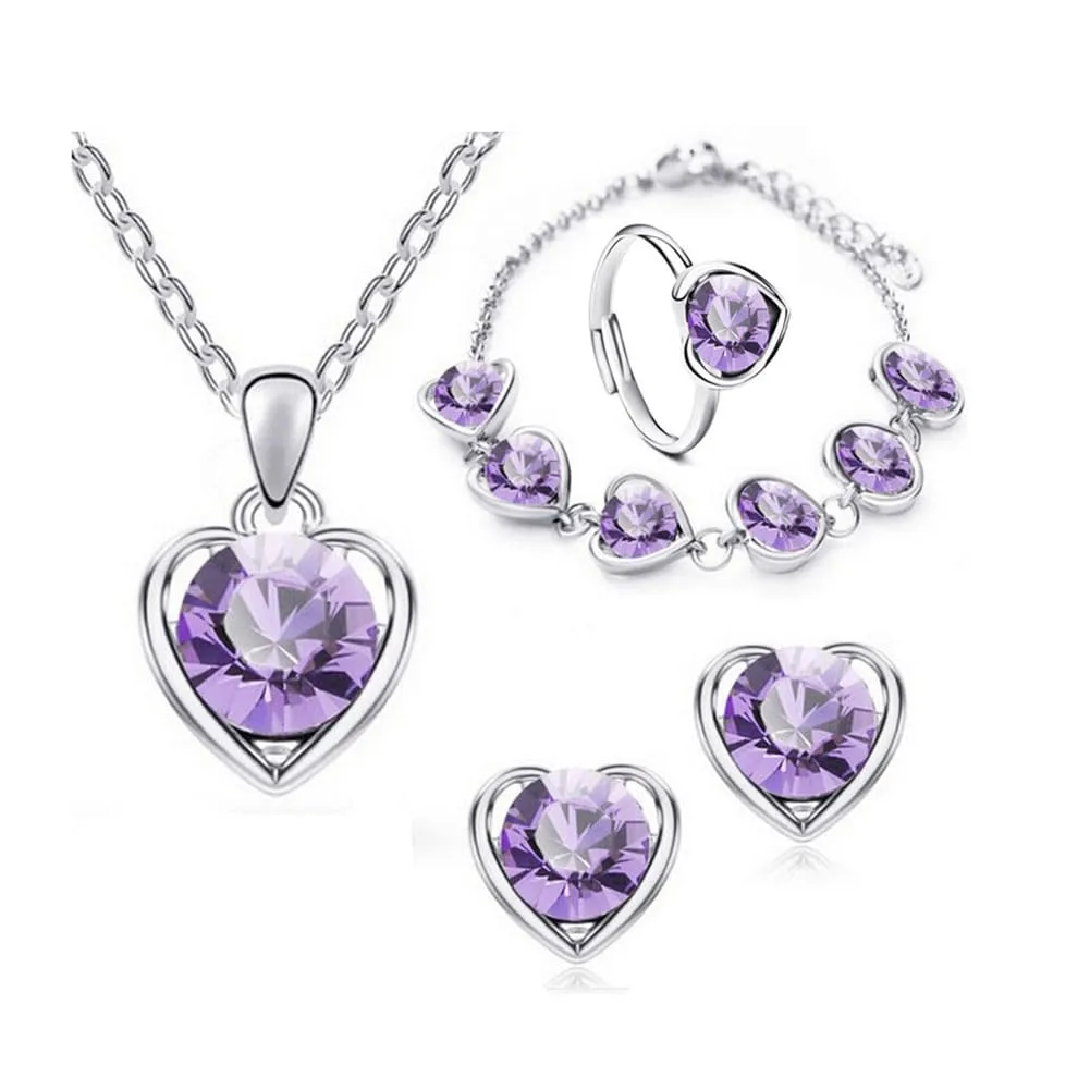 Clataly Cuore Cristallo Collana Orecchini Bracciale Anello Set Amore Pendente Collana Gioielli per le Donne e Ragazze (Viola) - immagine 1