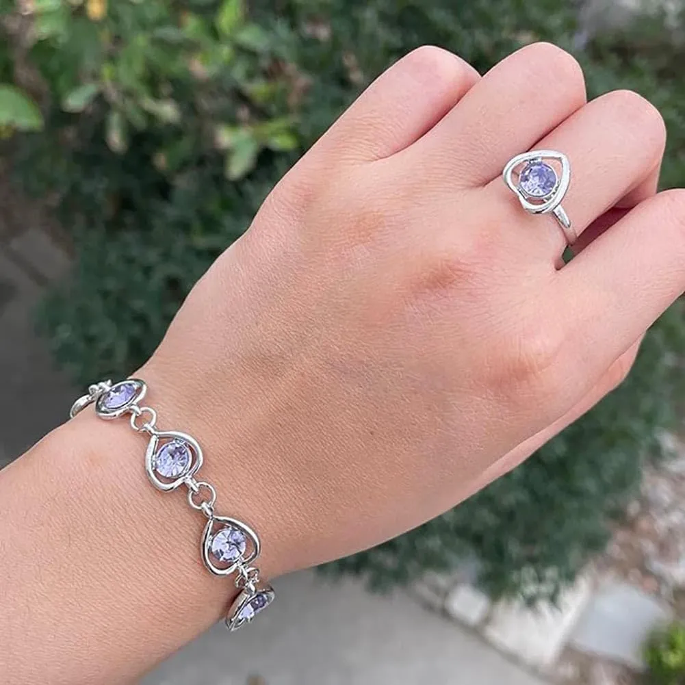Clataly Cuore Cristallo Collana Orecchini Bracciale Anello Set Amore Pendente Collana Gioielli per le Donne e Ragazze (Viola) - immagine 5