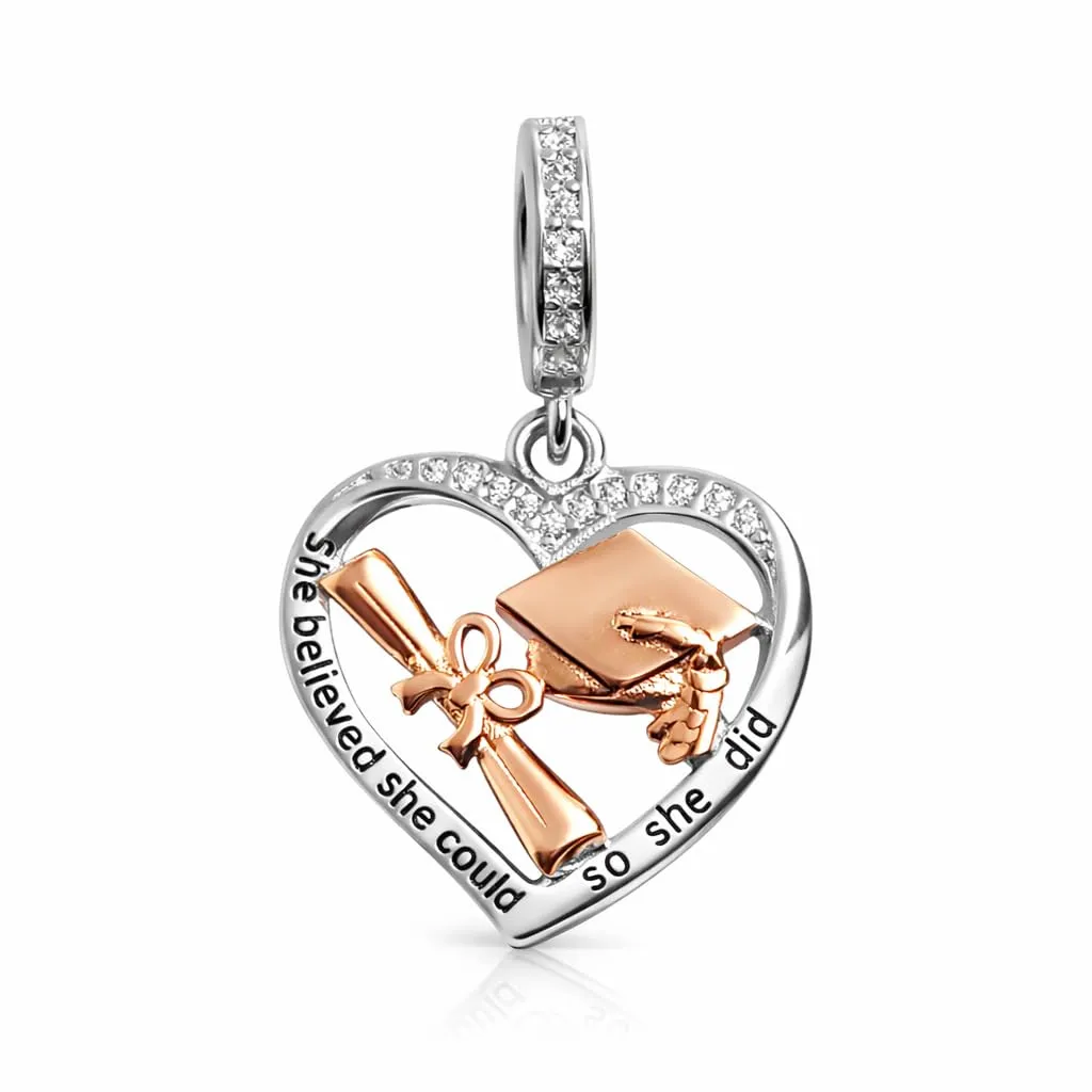 MariaFonte Charm Compatibile Tutte Marche Pendente Cuore Laurea Diploma Pergamena Cappello Compleanno Anniversario Ciondoli Originale Argento 925 Mamma Bead Portafortuna Natale Zirconi - immagine 1