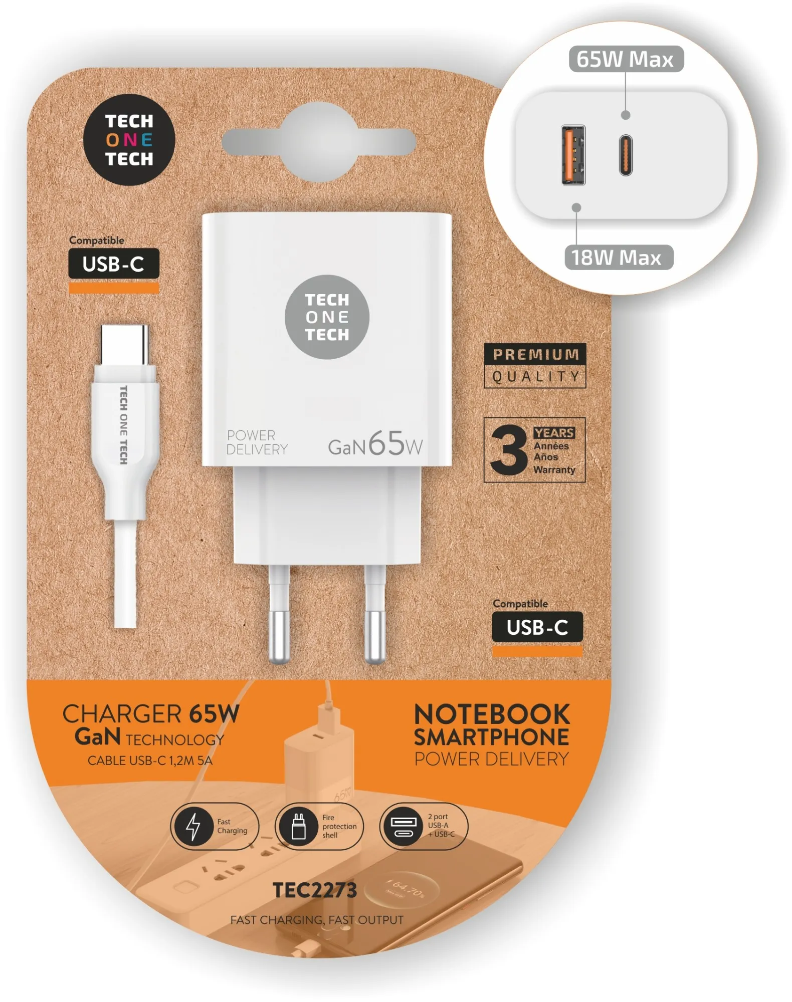Caricabatterie da muro TechOneTech GaN PD 3.0 65W - Per laptop e smartphone - Cavo da USB-C a USB-C da 1 m - immagine 1