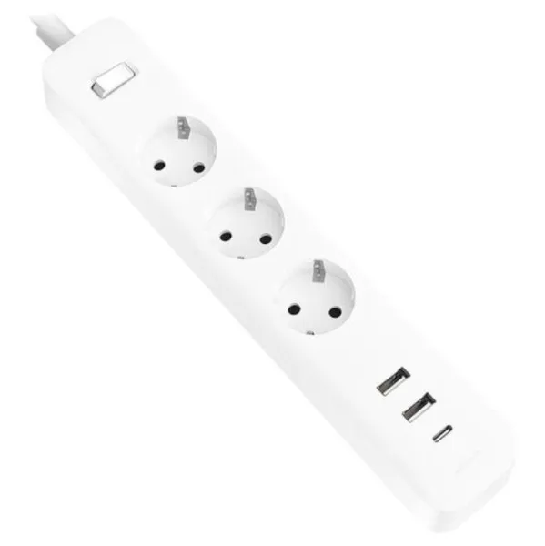 Multipresa Xiaomi da 20 W con interruttore - 3 prese Schuko - 2 porte USB C da 20 W + 1 porta USB A - Ricarica rapida da 20 W - Materiale ignifugo fino a 750 °C - Protezione bambini - Cavo da 14 m - Bianco - immagine 1
