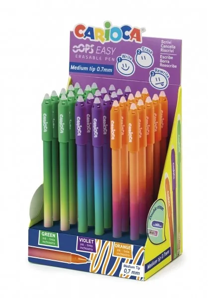 Carioca Oops Easy Display Confezione da 30 Penne Cancellabili - Inchiostro Termosensibile - Corpo con Effetto Sfumato - Punta Ø 07mm - Doppia Gomma - Vari Colori - immagine 1