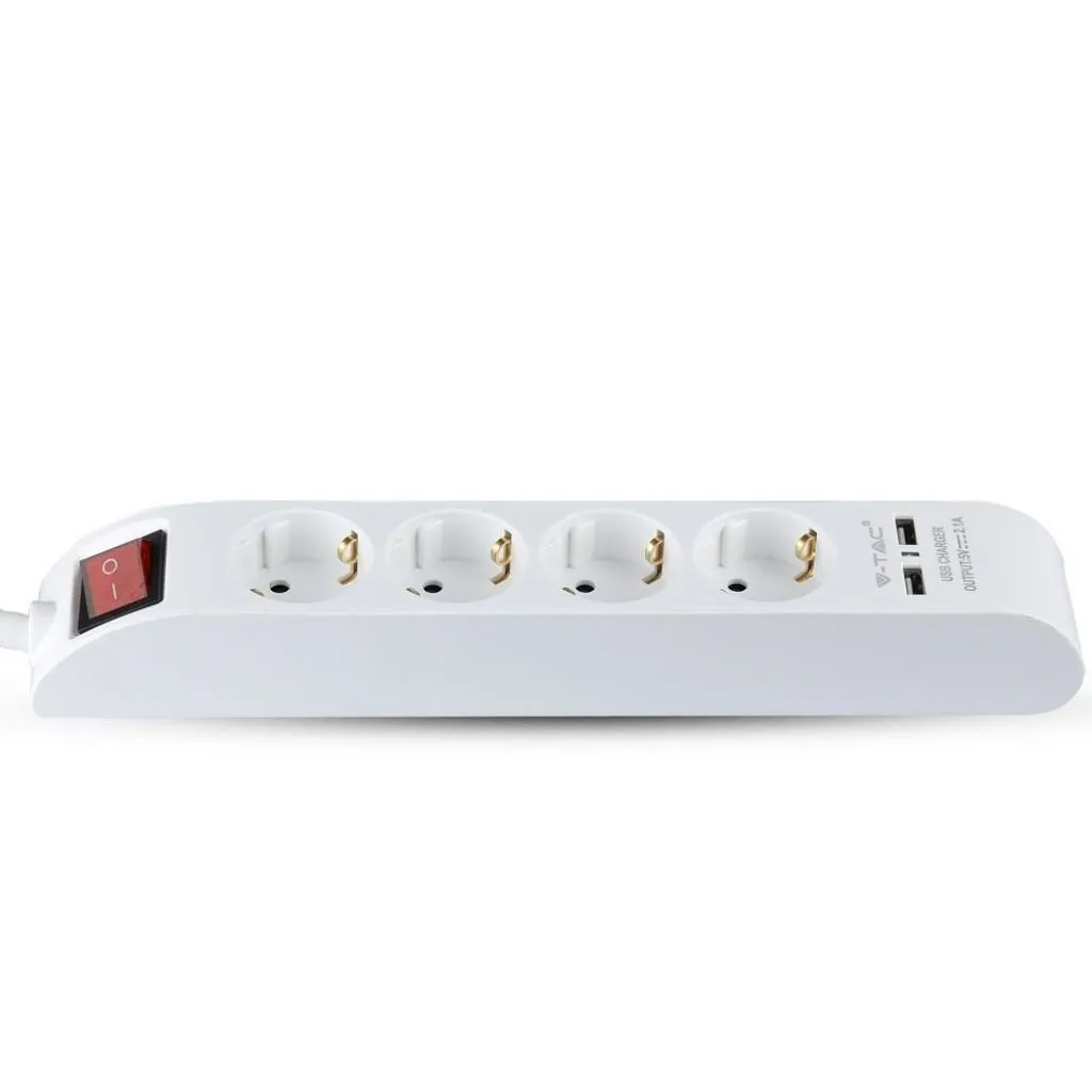 V-TAC Multipresa con Cavo 14m 4 Prese 16A con Interruttore Luminoso e 2 USB Colore Bianco - immagine 1
