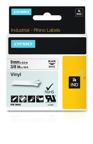 ORIGINALE DYMO Nastro Nero su bianco S0718580 18443 Nastro in vinile Rhino IND 9mm x 55m bianco su nero - immagine 1