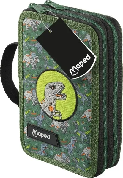 Astuccio a due scomparti Maped Dinosaur con 38 articoli: gomma temperamatite matita di grafite HB 2 penne righello 18 matite colorate 12 pennarelli forbici ed evidenziatore. - immagine 1